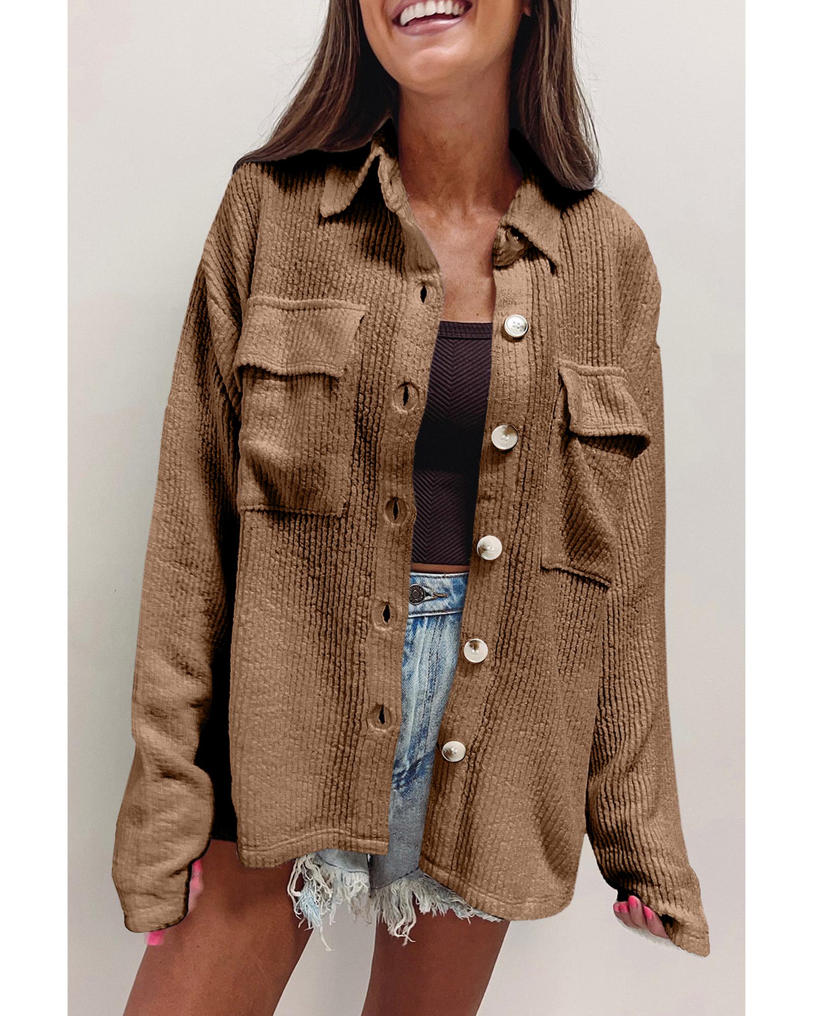 V539-AZEXDC854712-P1117-L-202508301545-00 Dark Khaki Solid Color Corduroy Buttoned Long Sleeve Shacket - L - Image 1