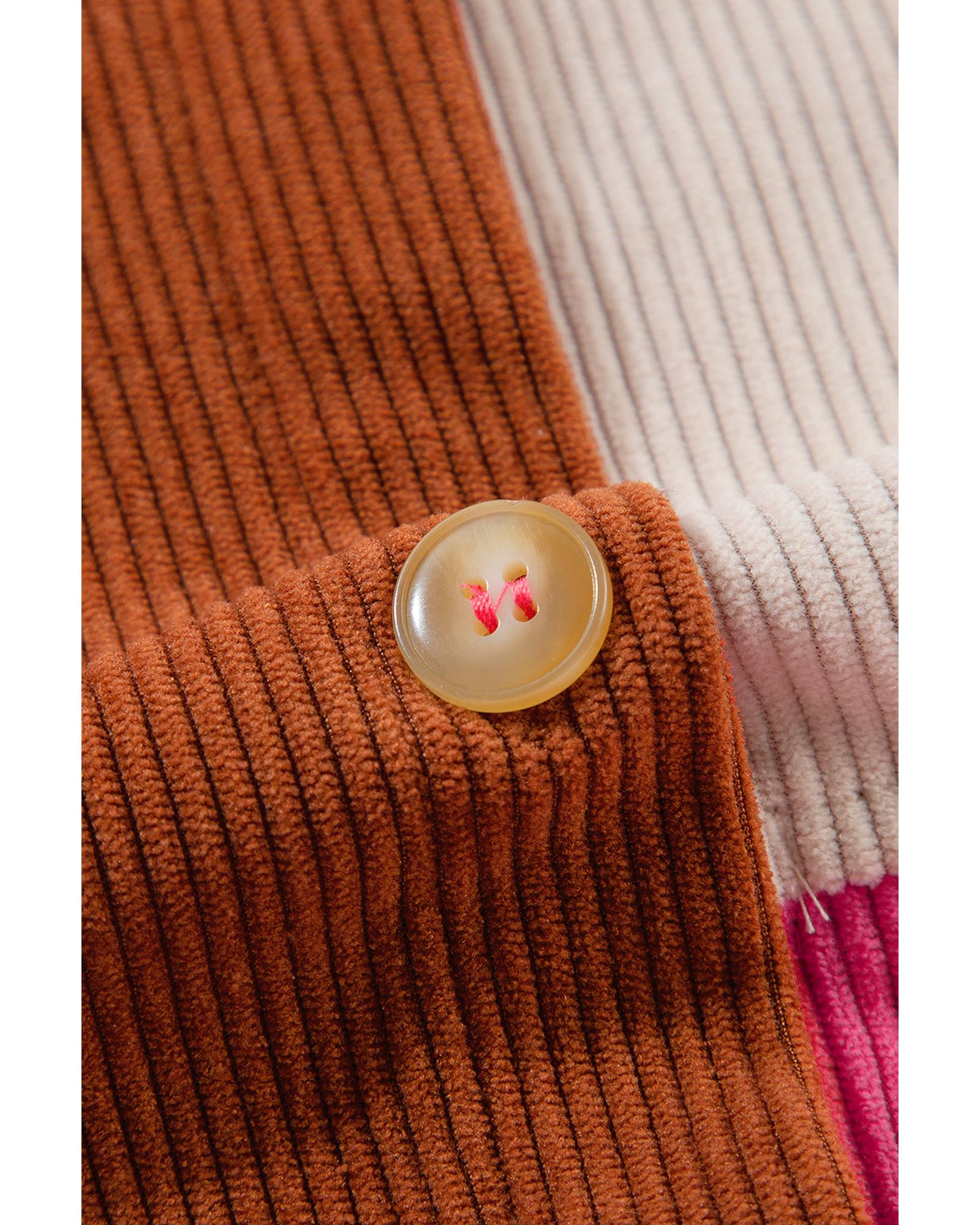 V539-AZEXDC854714-P6-M-202508302245-00 Rose Red Colorblock Curved Hem Corduroy Shacket with Pocket - M - Image 1