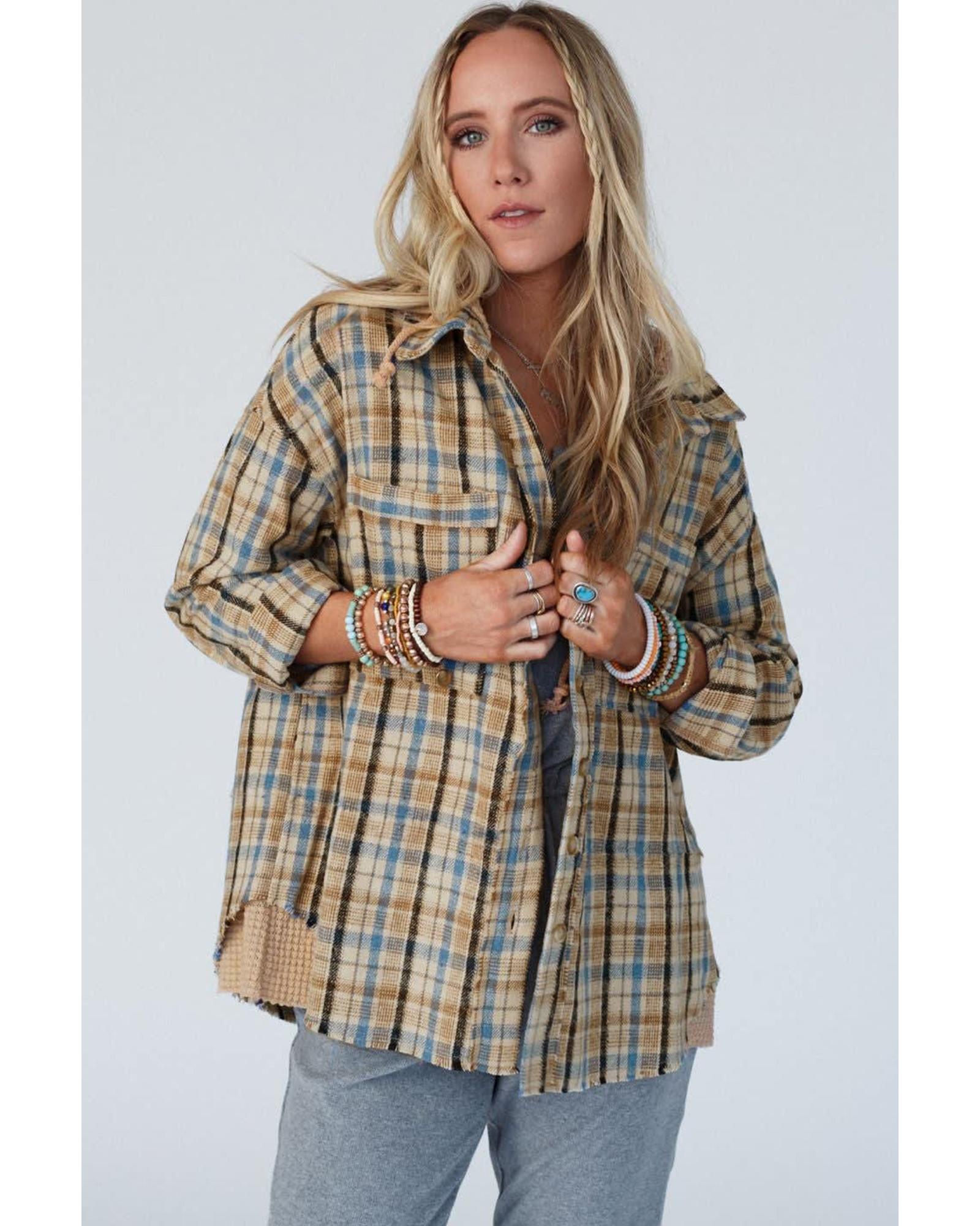 V539-AZEXDC854725-P604-M-202508301330-00 Ashleigh Blue Waffle Knit Patchwork Hooded Plaid Shacket - M - Image 1