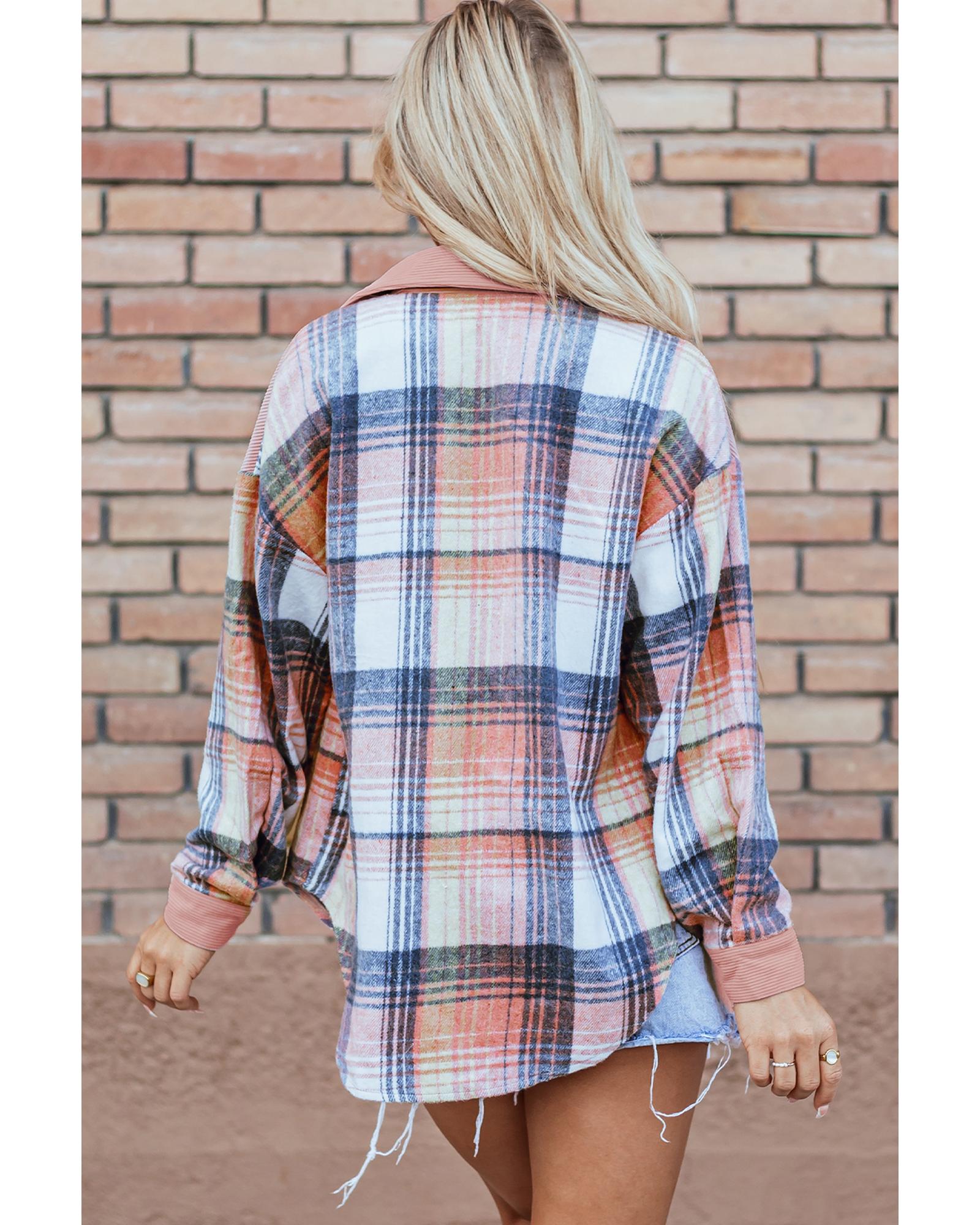 V539-AZEXDC854727-P1010-S-202506151740-00 Light Pink Plaid Corduroy Patchwork Chest Pocket Shacket - S - Image 1