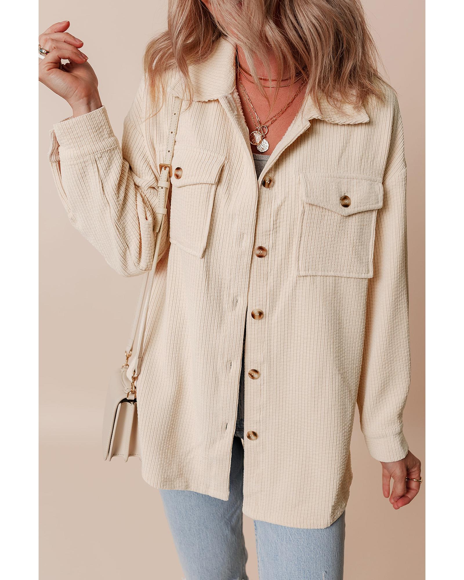 V539-AZEXDC854741-P1015-M-202508310955-00 Oatmeal Corduroy Flap Pocket Button Up Shacket - M - Image 1