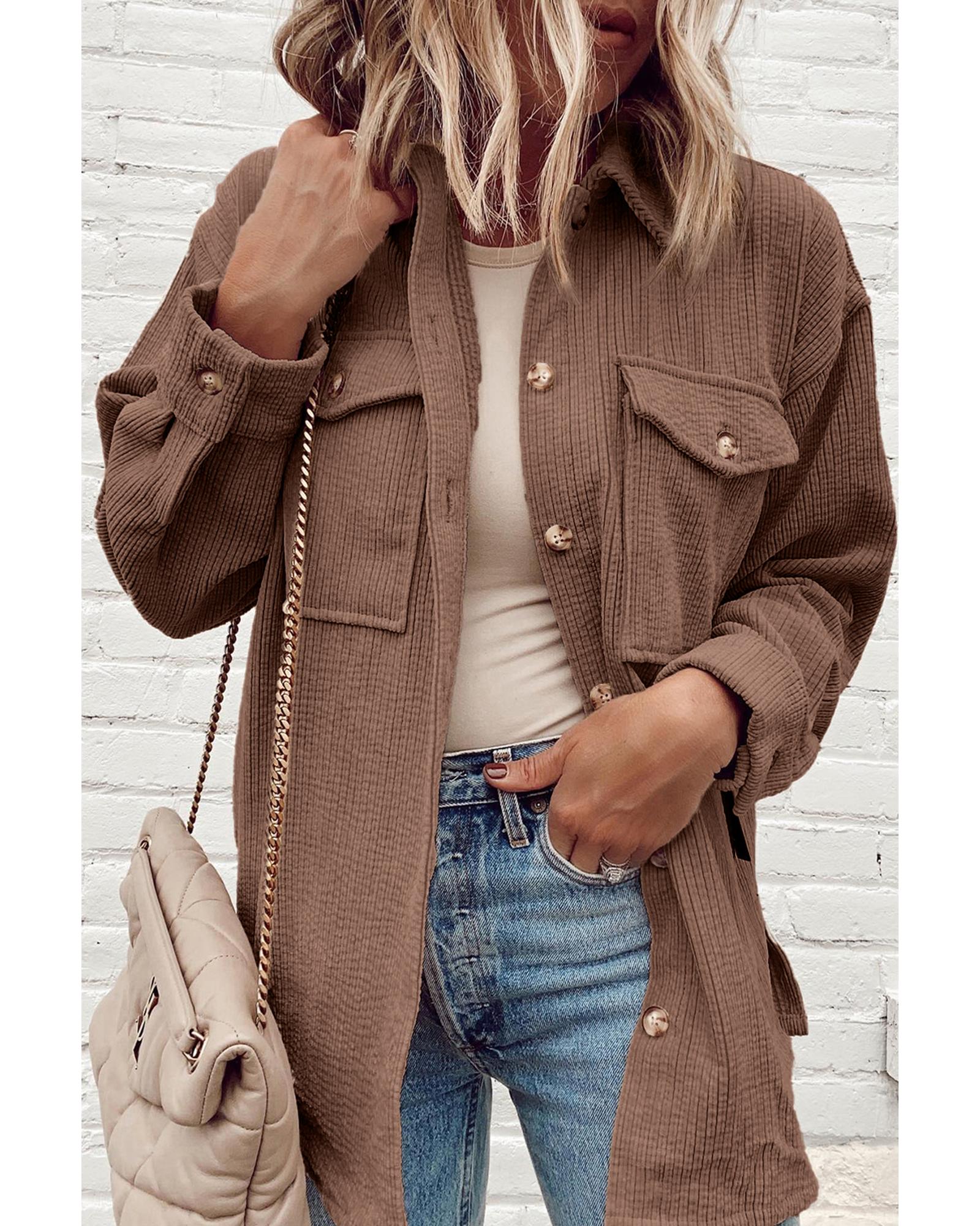 V539-AZEXDC854741-P2017-L-202508311030-00 Chestnut Corduroy Flap Pocket Button Up Shacket - L - Image 1