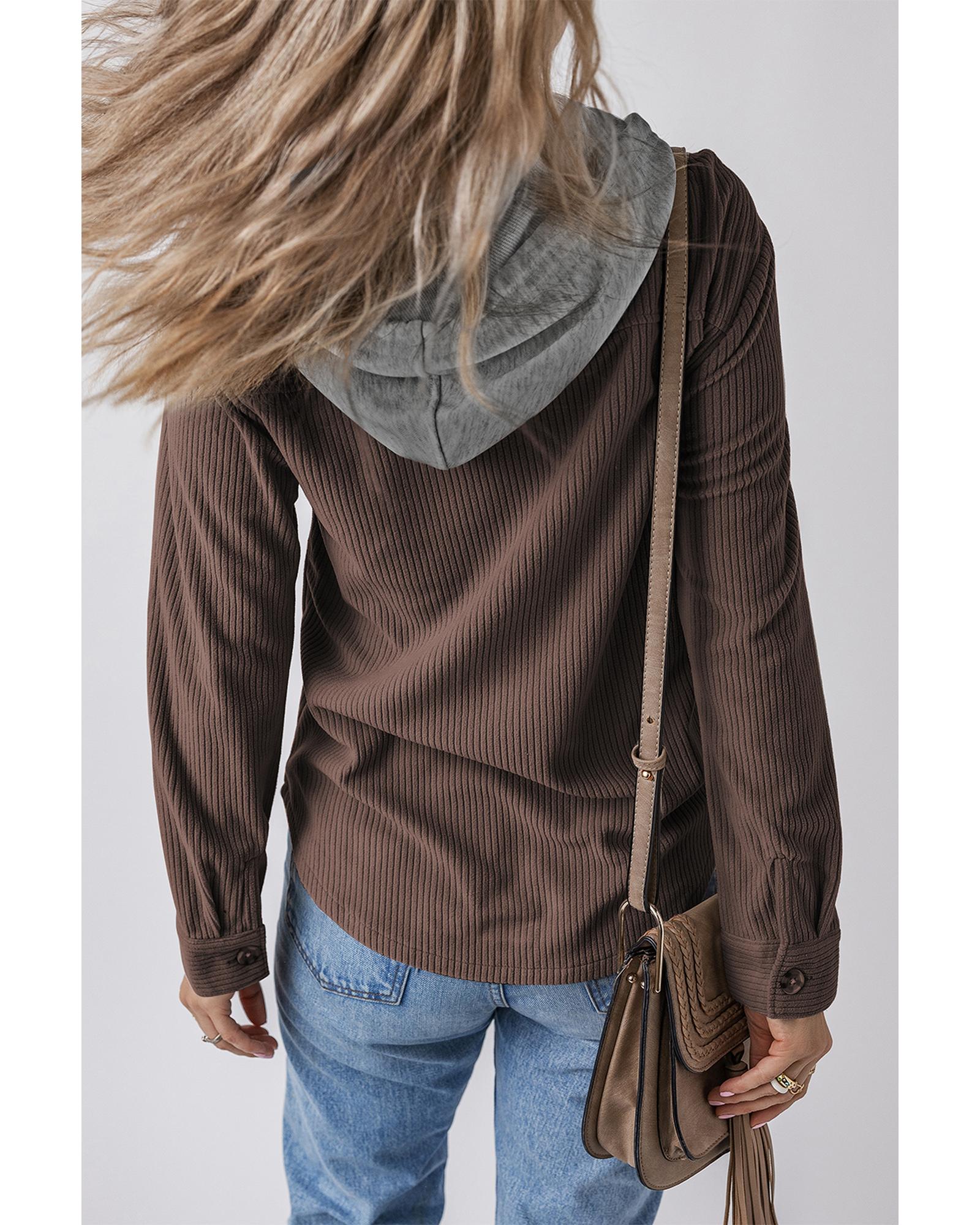 V539-AZEXDC854755-P1017-M-202508311045-00 Coffee Hooded Drawstring Pockets Corduroy Shacket - M - Image 1