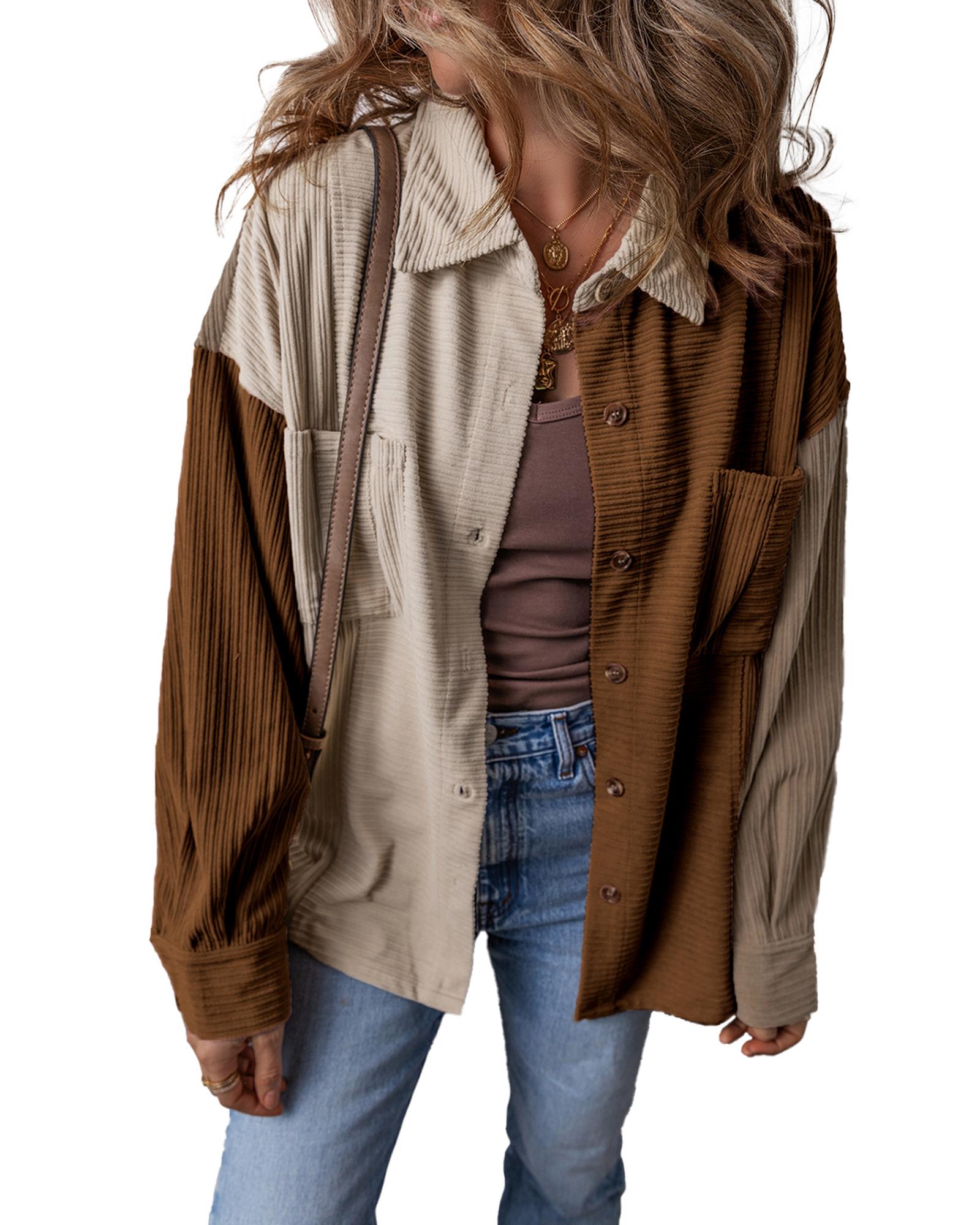 V539-AZEXDC854767-P1722-XL-202508310435-00 Brown Color Block Chest Pockets Buttoned Corduroy Shacket - XL - Image 1