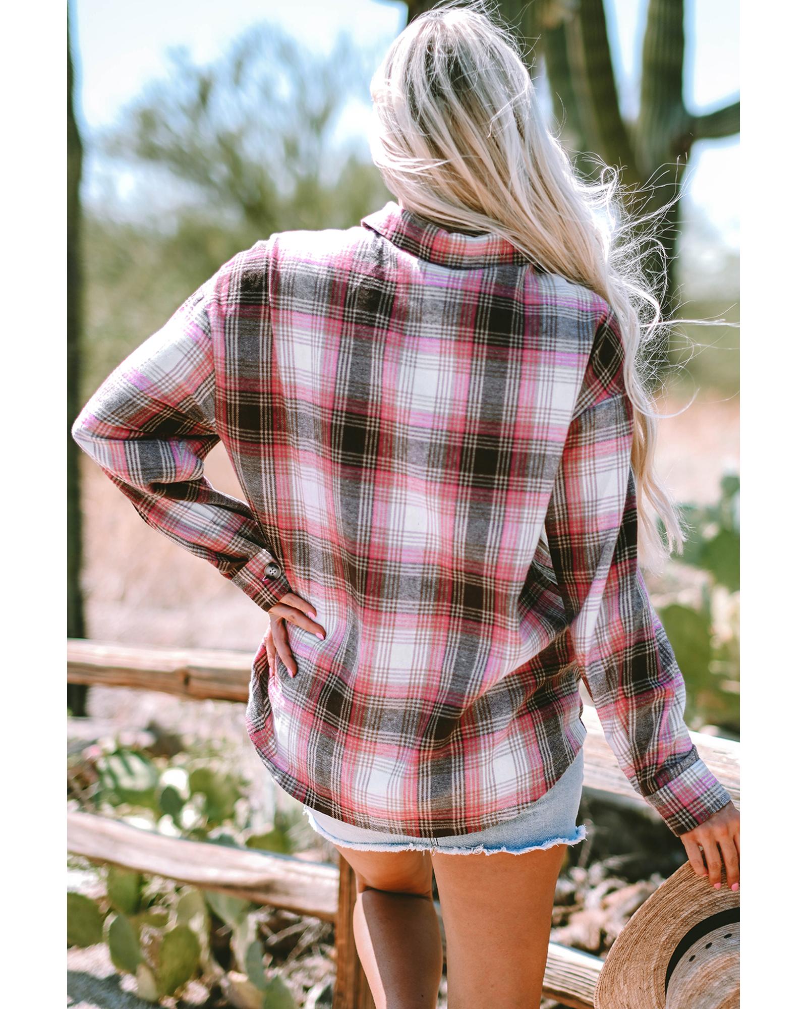 V539-AZEXDC854801-P1022-M-202508311210-00 Pink Plaid Flap Pocket Button Up Shacket - M - Image 1