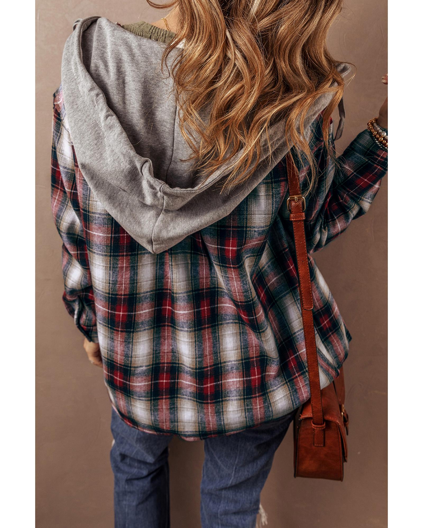 V539-AZEXDC854814-P322-XL-202508310320-00 Red Plaid Print Chest Pocket Buttoned Hooded Shacket - XL - Image 1