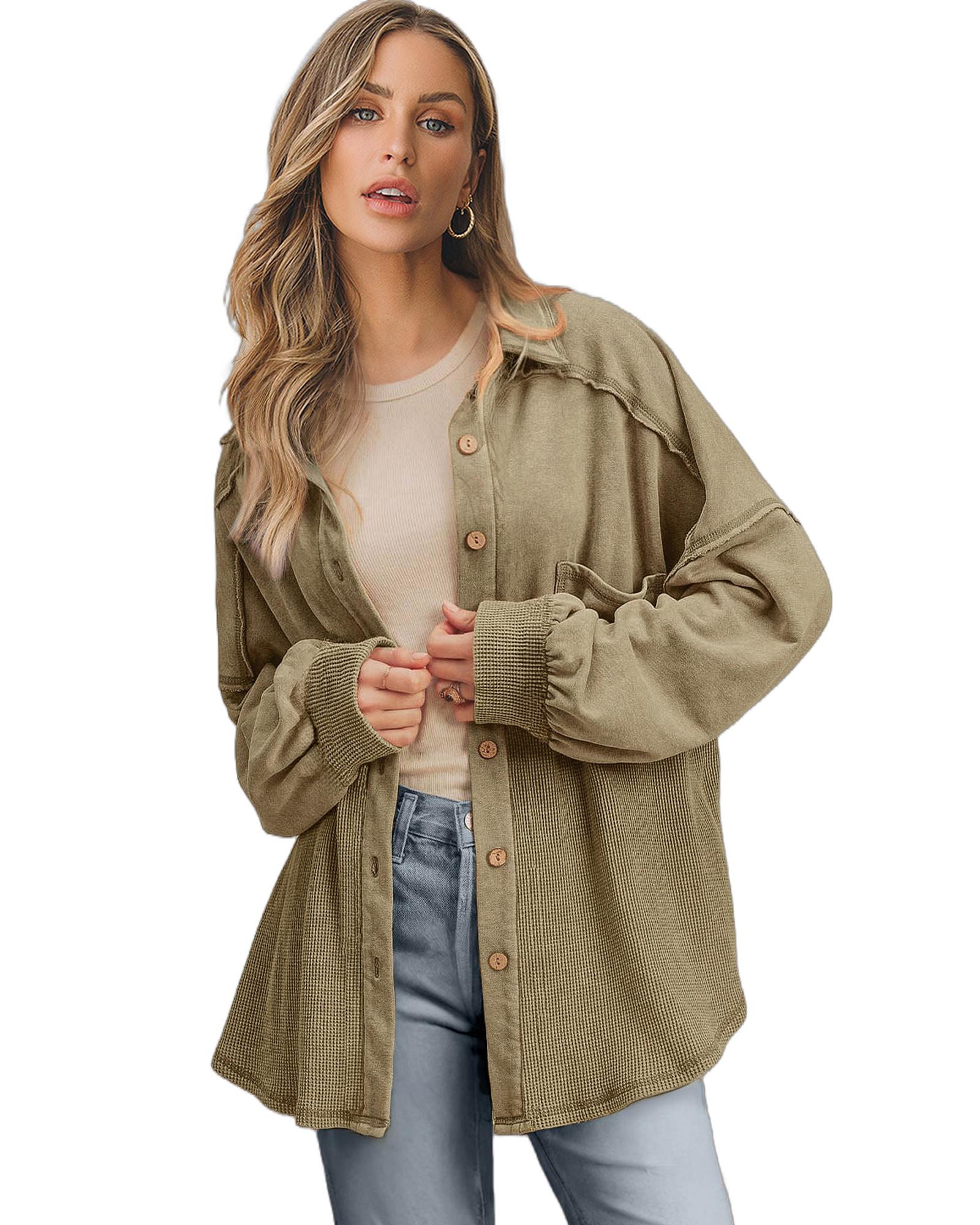 V539-AZEXDC854815-P1609-L-202508310630-00 Moss Green Waffle Knit Patchwork Buttoned Oversized Shacket - L - Image 1