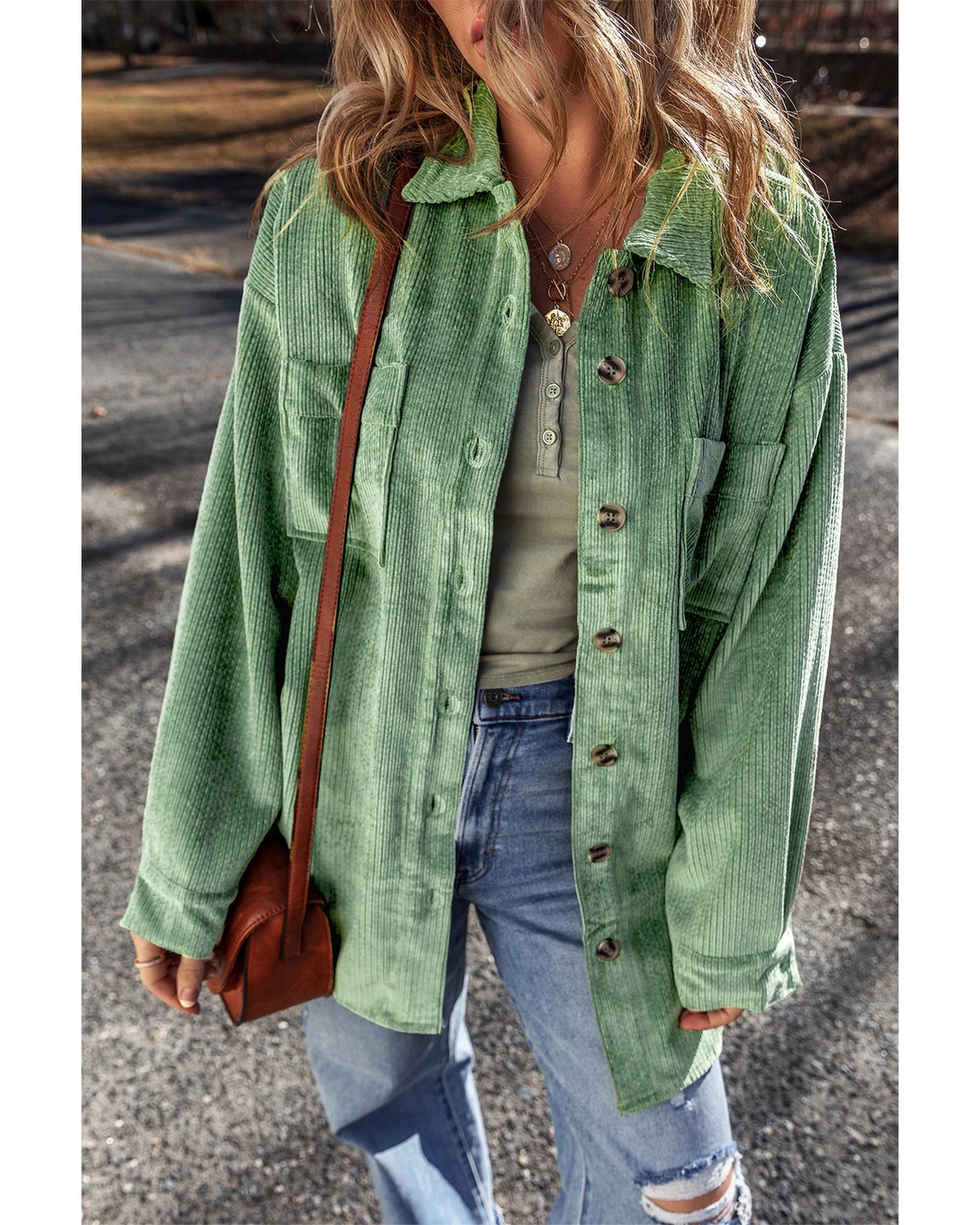 V539-AZEXDC854818-P509-M-202508311230-00 Mist Green Patched Pocket Button Up Corduroy Shacket - M - Image 1