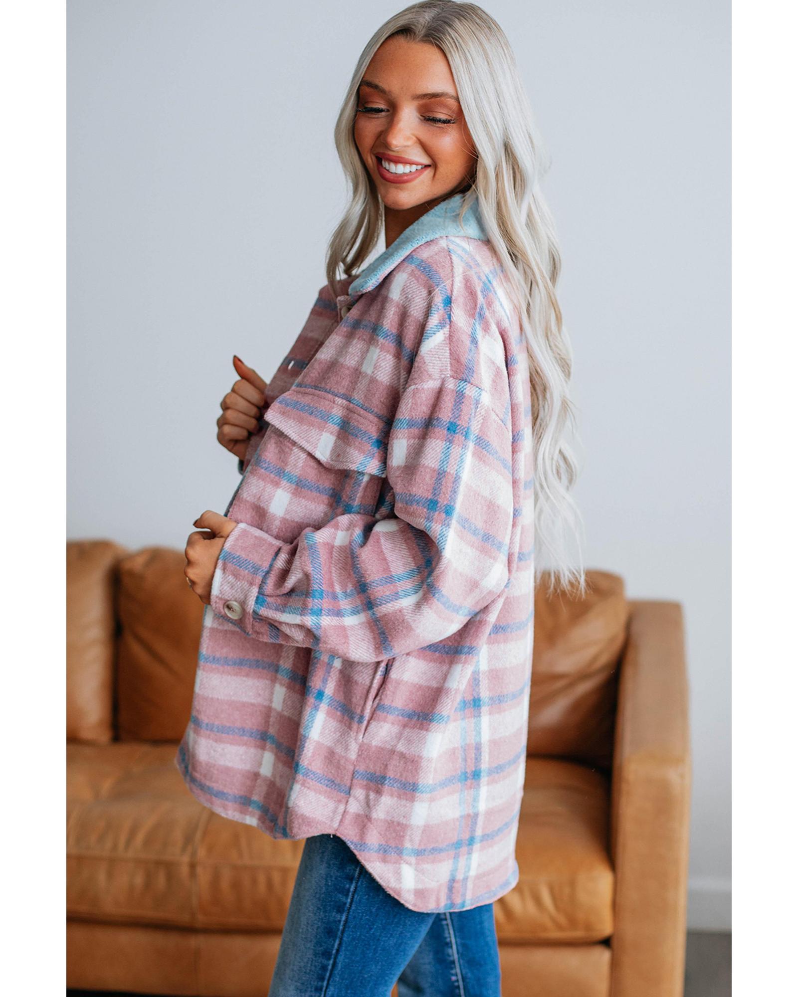 V539-AZEXDC854826-P1022-S-202506182117-00 Pink Plaid Print Color Block Collared Flap Pockets Loose Shacket - S - Image 1