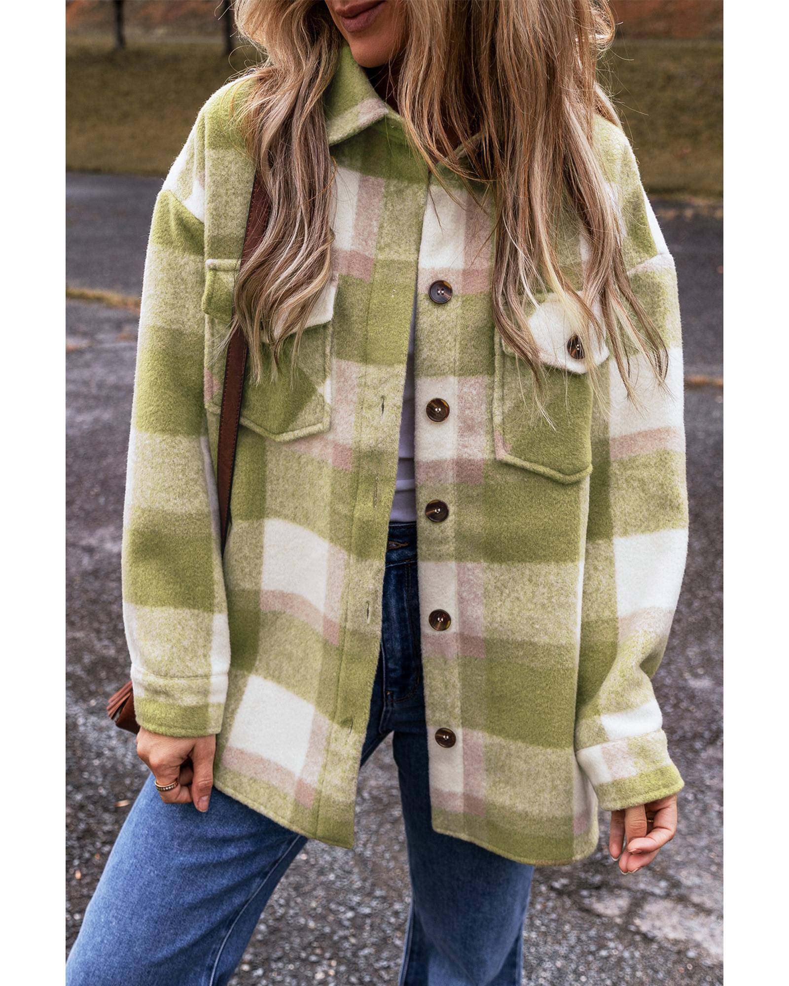 V539-AZEXDC854835-P909-XL-202508310455-00 Sage Green Plaid Print Buttoned Flap Pockets Baggy Shacket - XL - Image 1