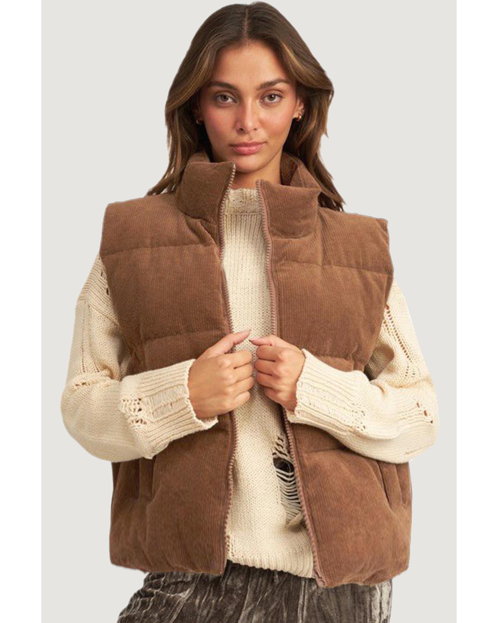 V539-AZEXDC856209-P1017-L-202508310750-00 Coffee Corduroy Stand Neck Zipped Puffer Vest - L - Image 1