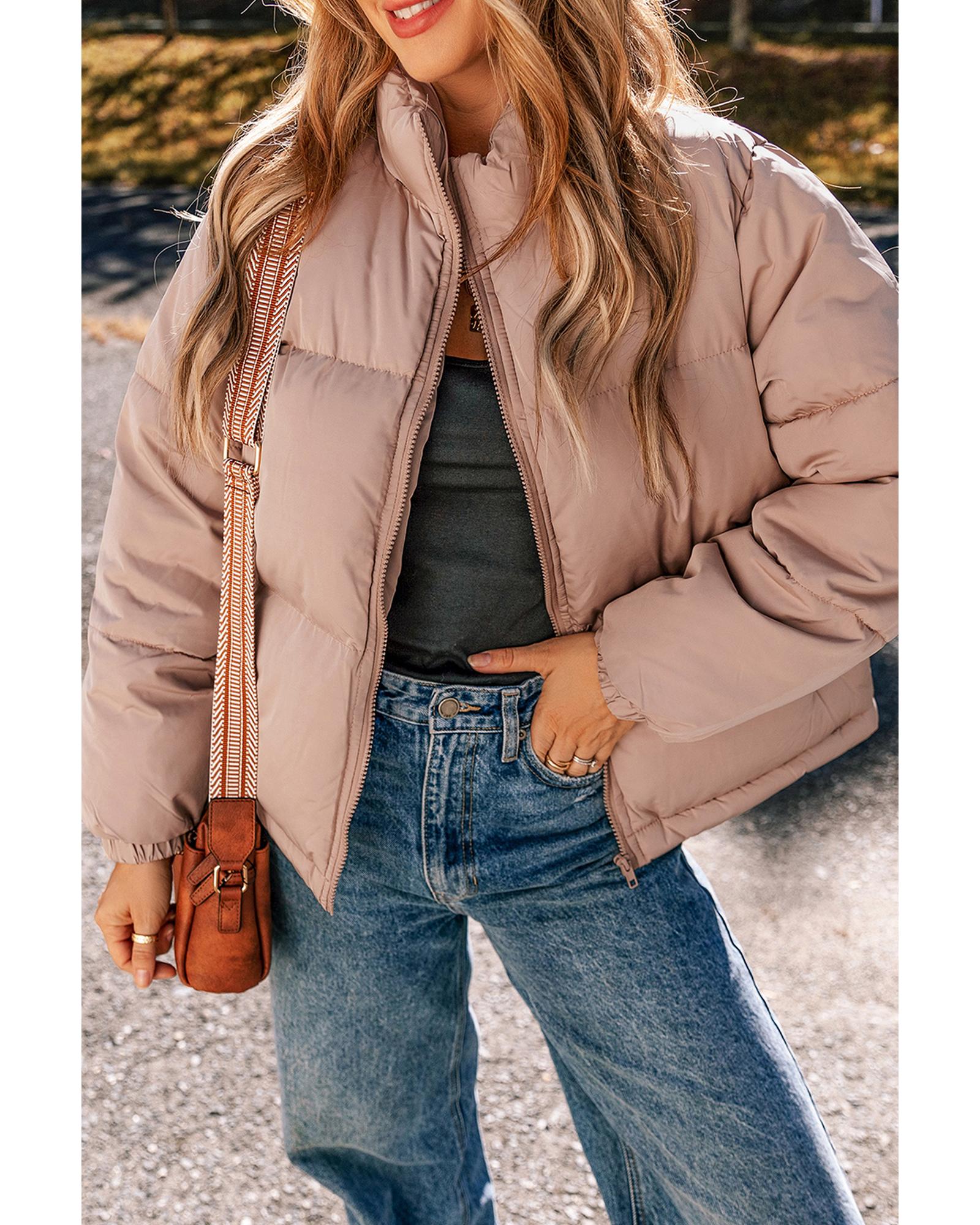 V539-AZEXDC856218-P2010-L-202508311600-00 Apricot Pink Full Zipper Quilted Puffer Jacket - L - Image 1