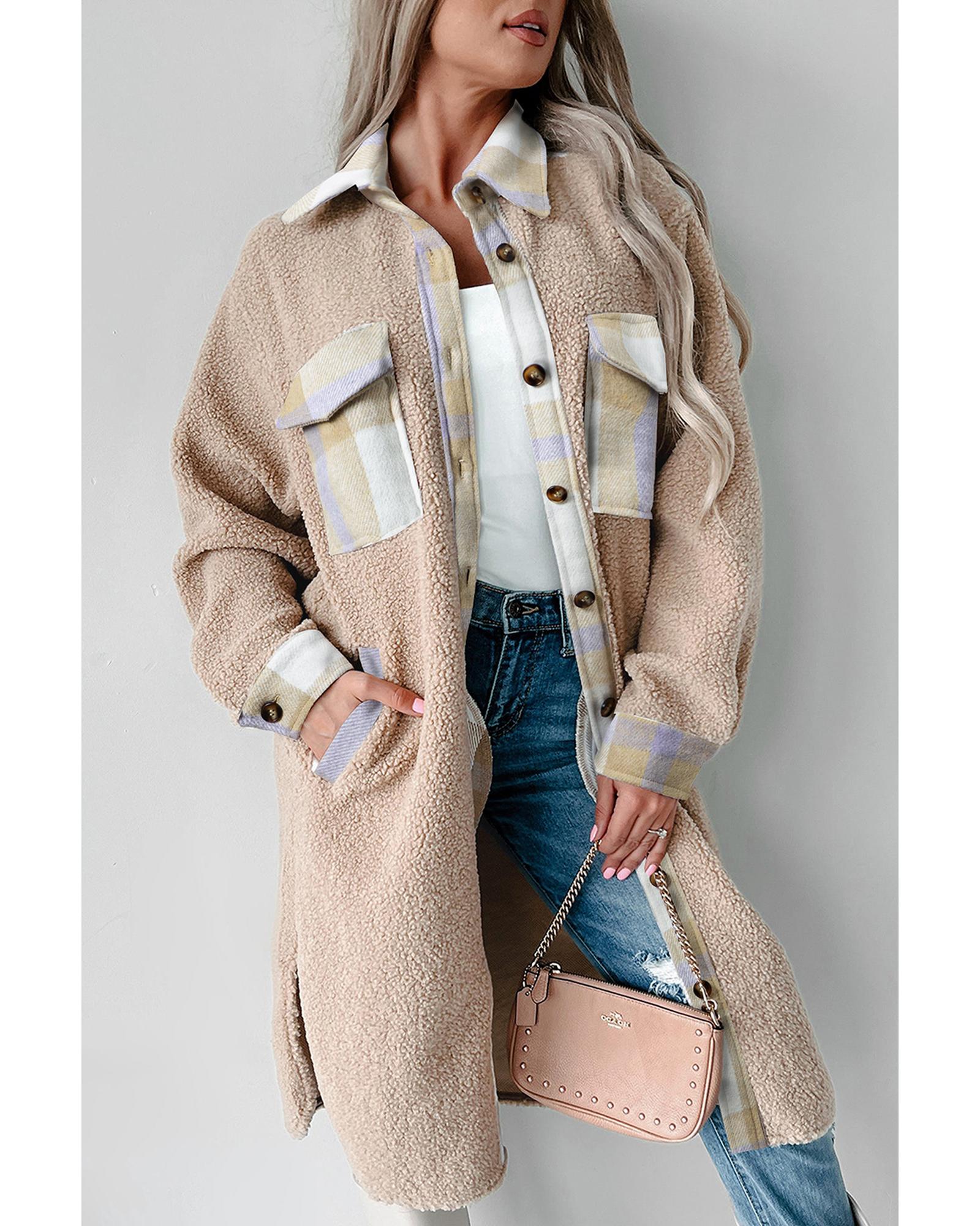 V539-AZEXDC859081-P7016-M-202506181922-00 Smoke Gray Plaid Patchwork Collared Button-up Sherpa Long Coat - M - Image 1