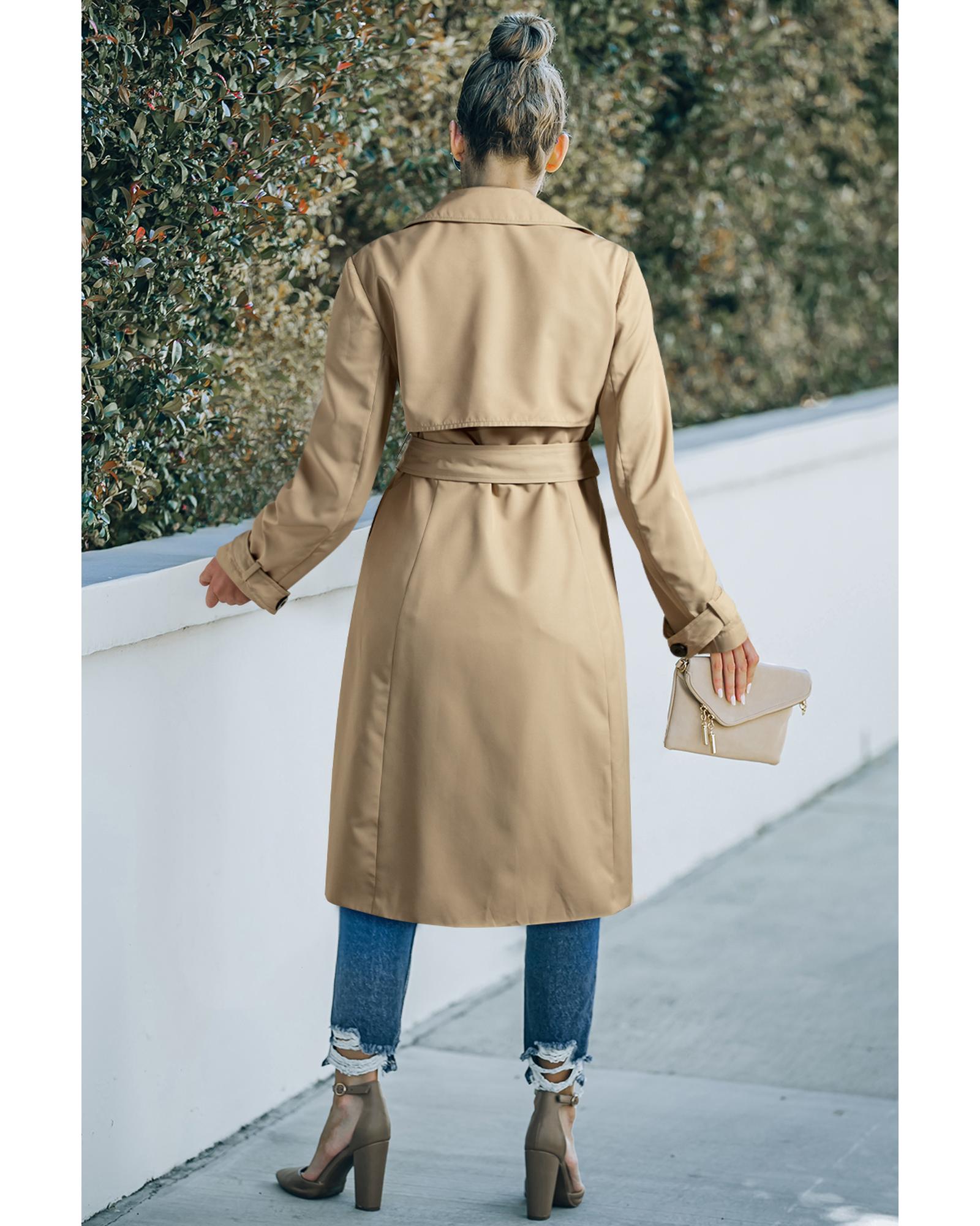 V539-AZEXDC859234-P5016-L-202508311515-00 Pale Khaki Solid Color Lapel Collar Waist Tie Wind Coat - L - Image 1