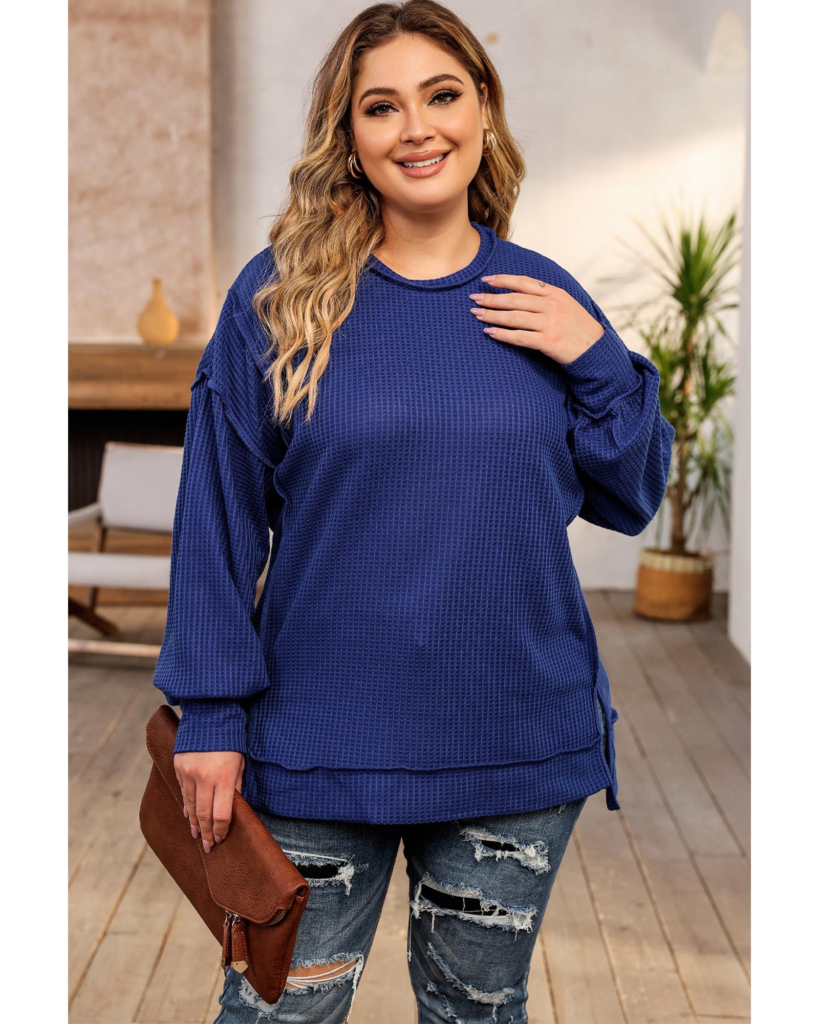 V539-AZEXPL2511154-5-1X-202506181942-00 Azura Exchange Blue Plus Size Waffle Knit Oversized Exposed Seam Top - 1X - Image 1
