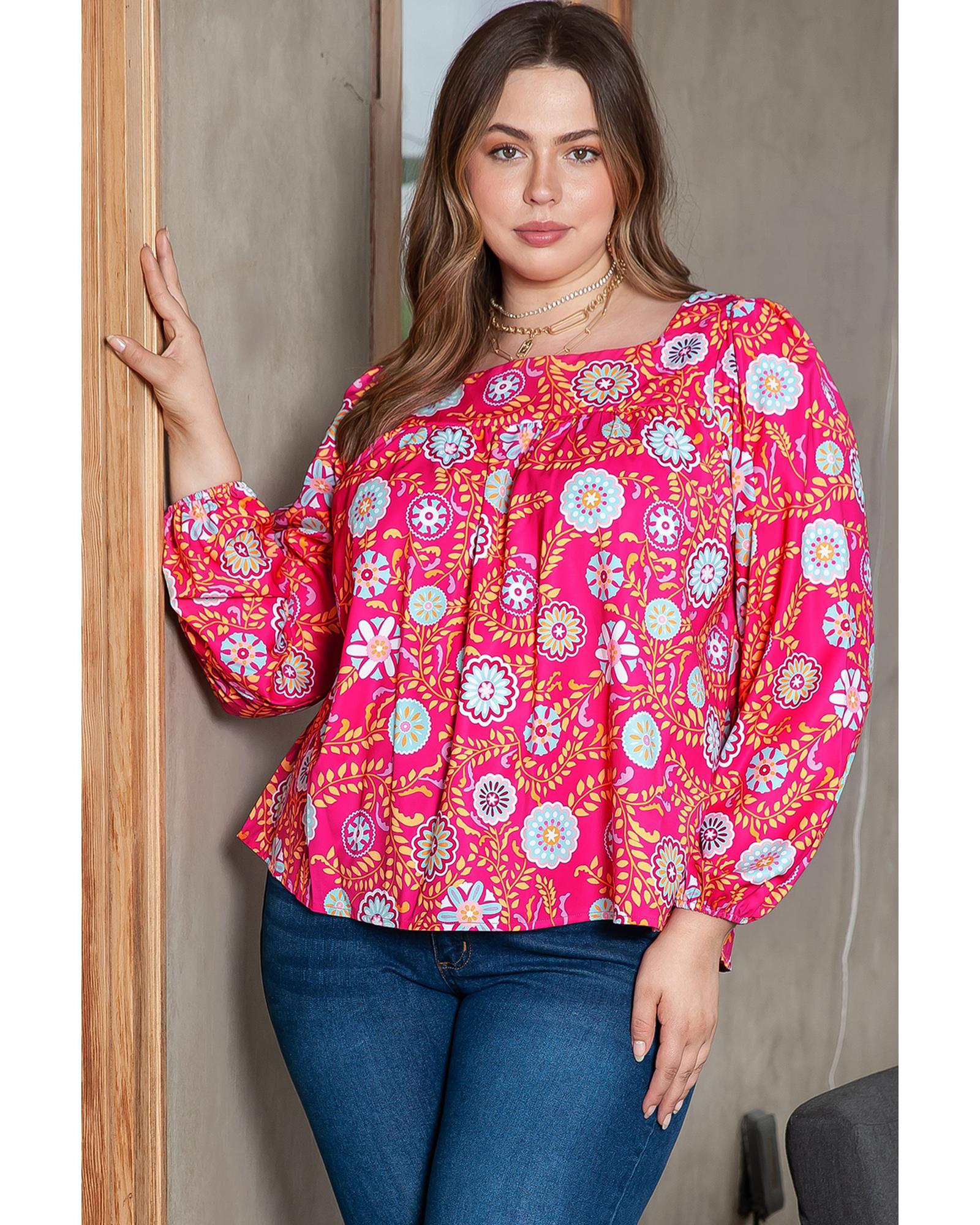 V539-AZEXPL2511395-P306-2X-202508310415-00 Pink Plus Size Square Neck Floral Blouse - 2X - Image 1