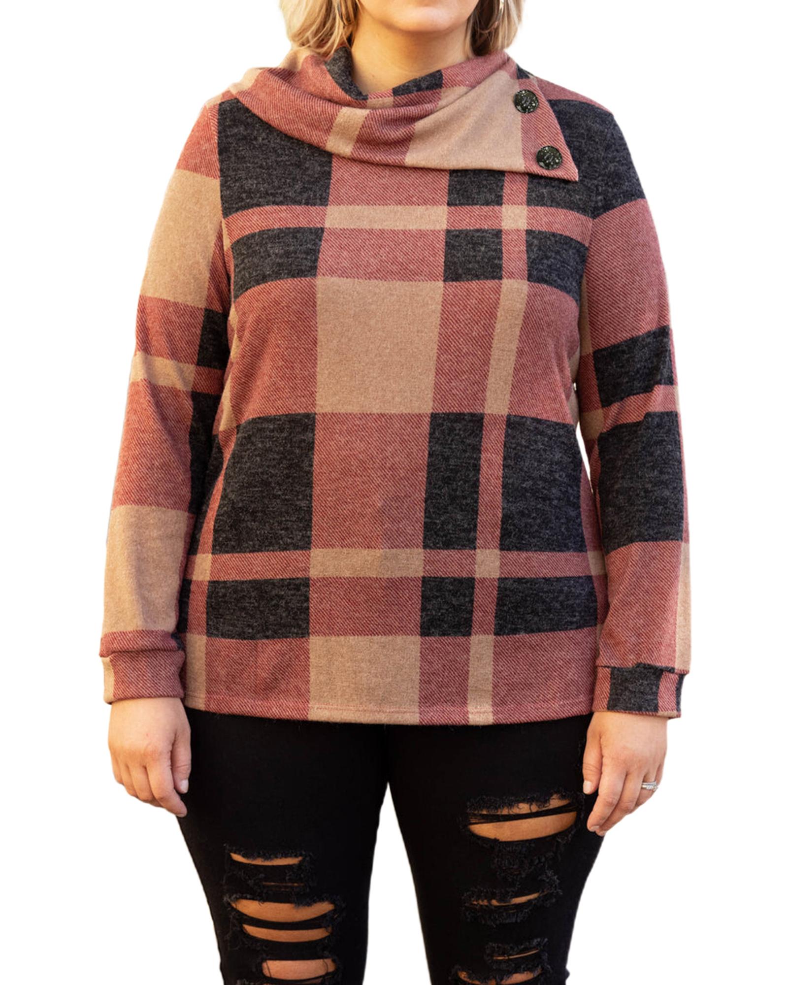 V539-AZEXPL2511516-P303-3X-202508310605-00 Mineral Red Plus Size Plaid Print Button Decor Asymmetric Neck Top - 3X - Image 1