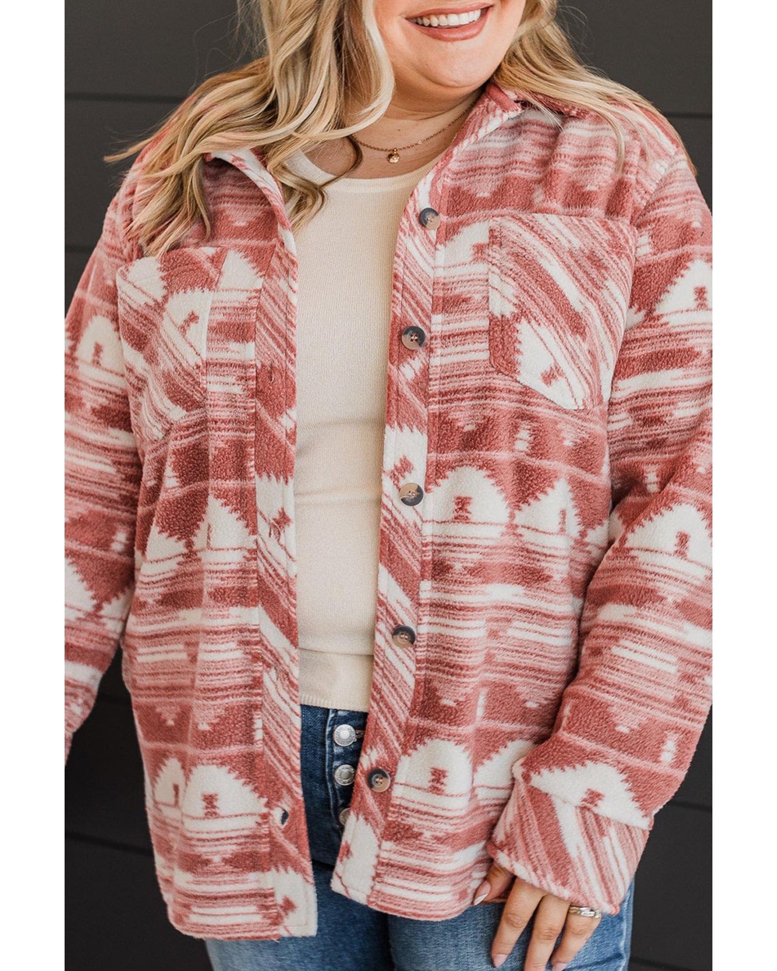 V539-AZEXPL2511657-P1020-2X-202508311310-00 Pink Plus Size Aztec Print Chest Pocket Shacket - 2X - Image 1