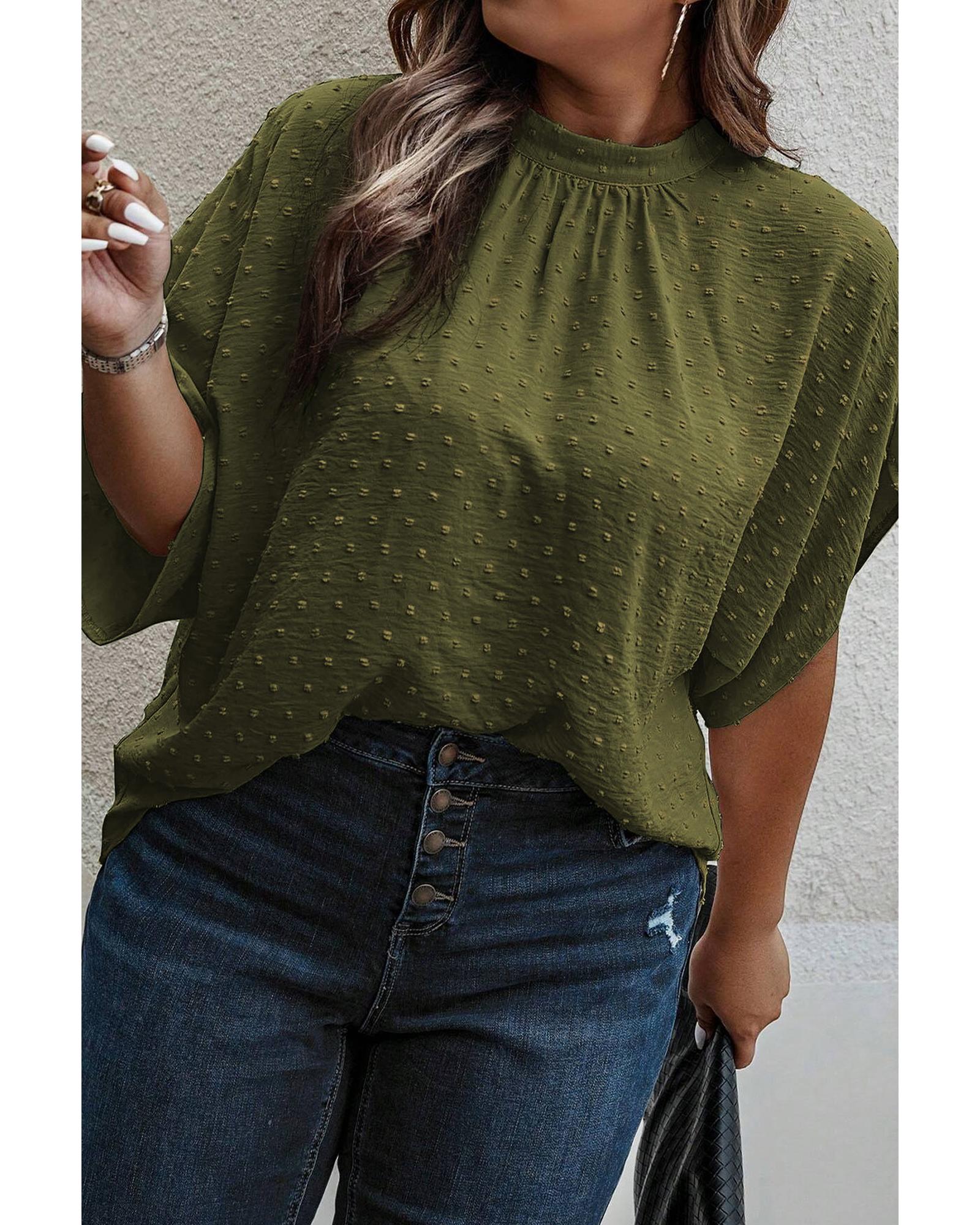V539-AZEXPL2511773-P1609-1X-202506182052-00 Moss Green Plus Size Swiss Dot Mock Neck Tied Nape Top - 1X - Image 1