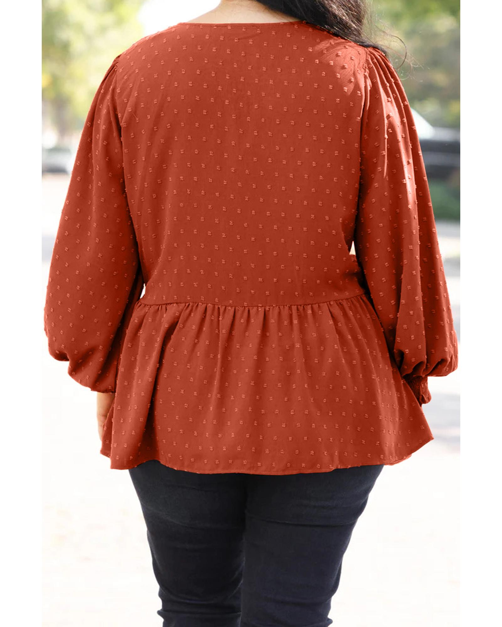 V539-AZEXPL2511786-P5014-2X-202508310710-00 Gold Flame Plus Size Swiss Dot V Neck Wrap Tie Side Blouse - 2X - Image 1