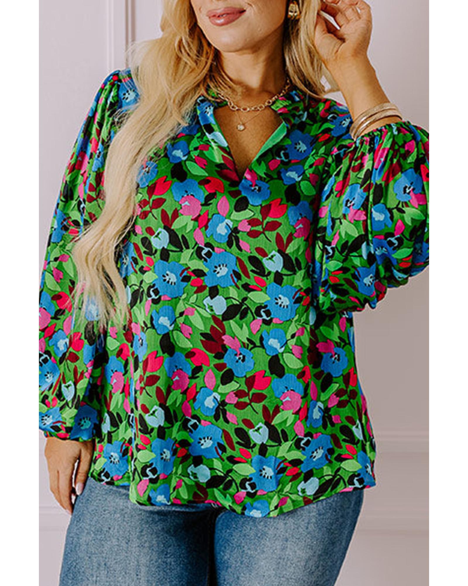 V539-AZEXPL2512359-P920-1X-202506182120-00 Green Plus Size Floral Bubble Sleeve V Neck Blouse - 1X - Image 1