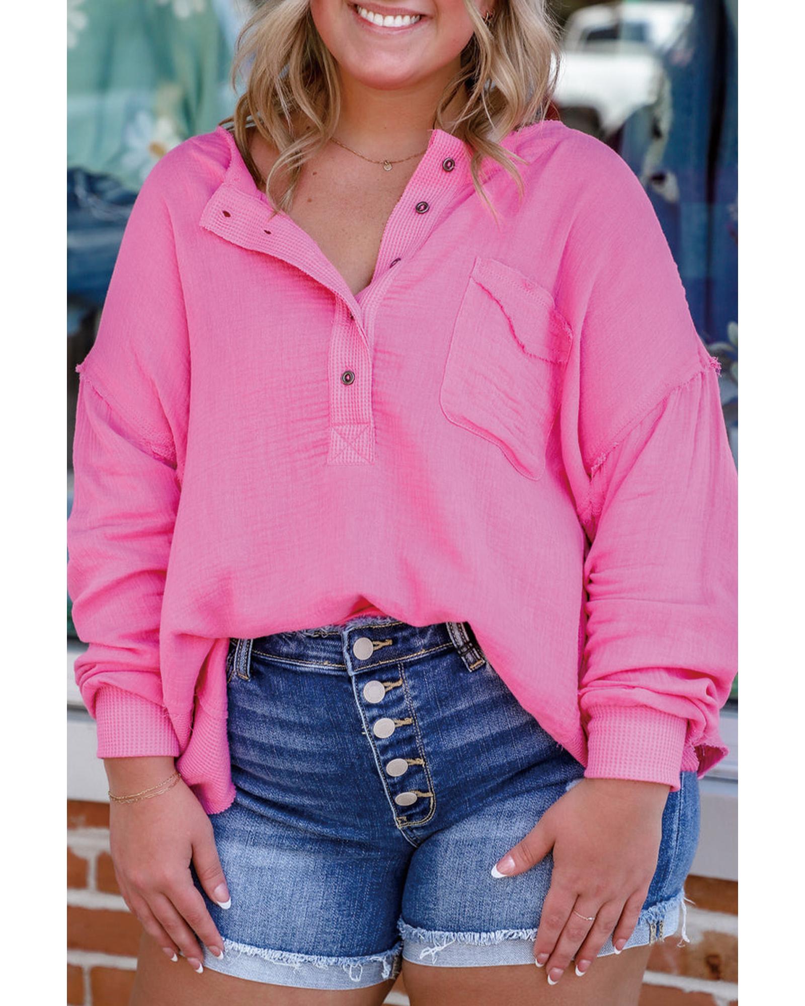 V539-AZEXPL2512372-P3010-2X-202508310320-00 Bonbon Half Buttons Chest Pocket Drop Sleeve Plus Size Top - 2X - Image 1