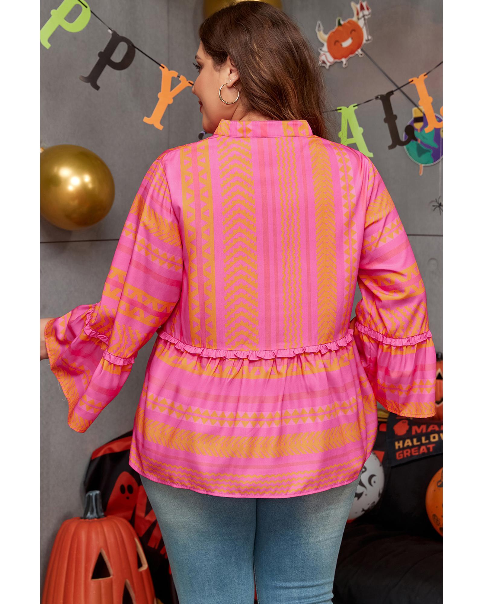 V539-AZEXPL2512401-P2014-3X-202508310510-00 Vitality Orange Plus Size Geometric Printed Bell Sleeve Babydoll Blouse - 3X - Image 1
