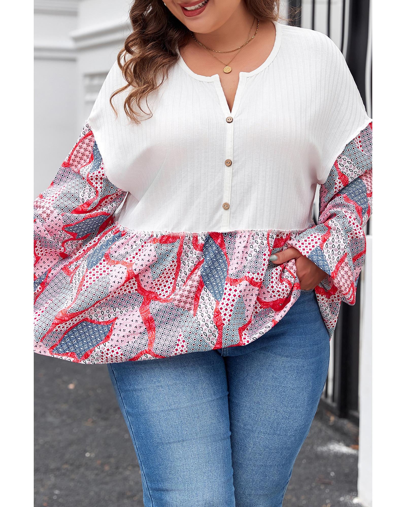 V539-AZEXPL2512450-P1820-4X-202508310800-00 Apricot Plus Size Printed Patchwork Textured Buttoned Blouse - 4X - Image 1