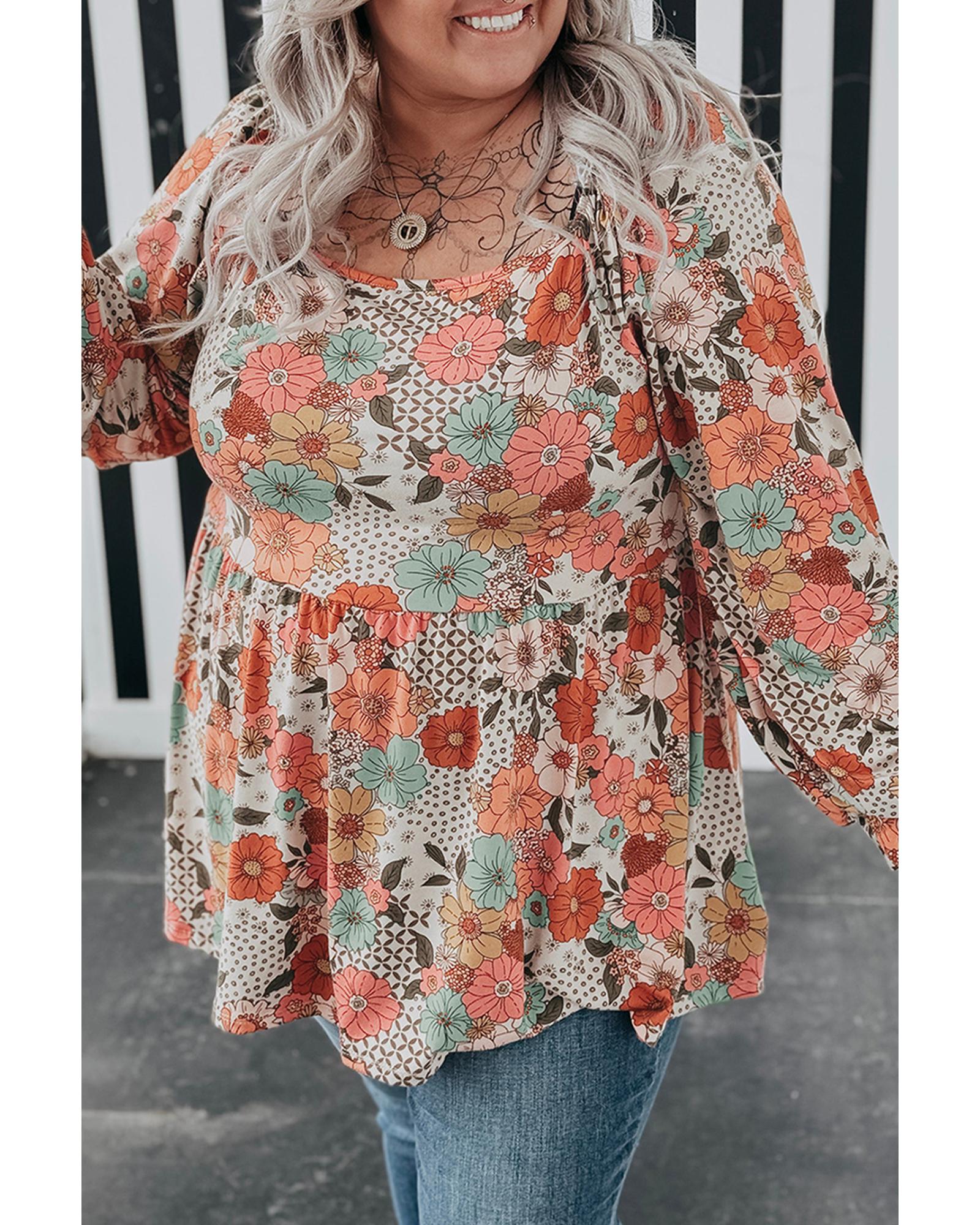 V539-AZEXPL2512519-P1620-2X-202508310920-00 Khaki Plus Size Flower Print Square Neck Peplum Blouse - 2X - Image 1