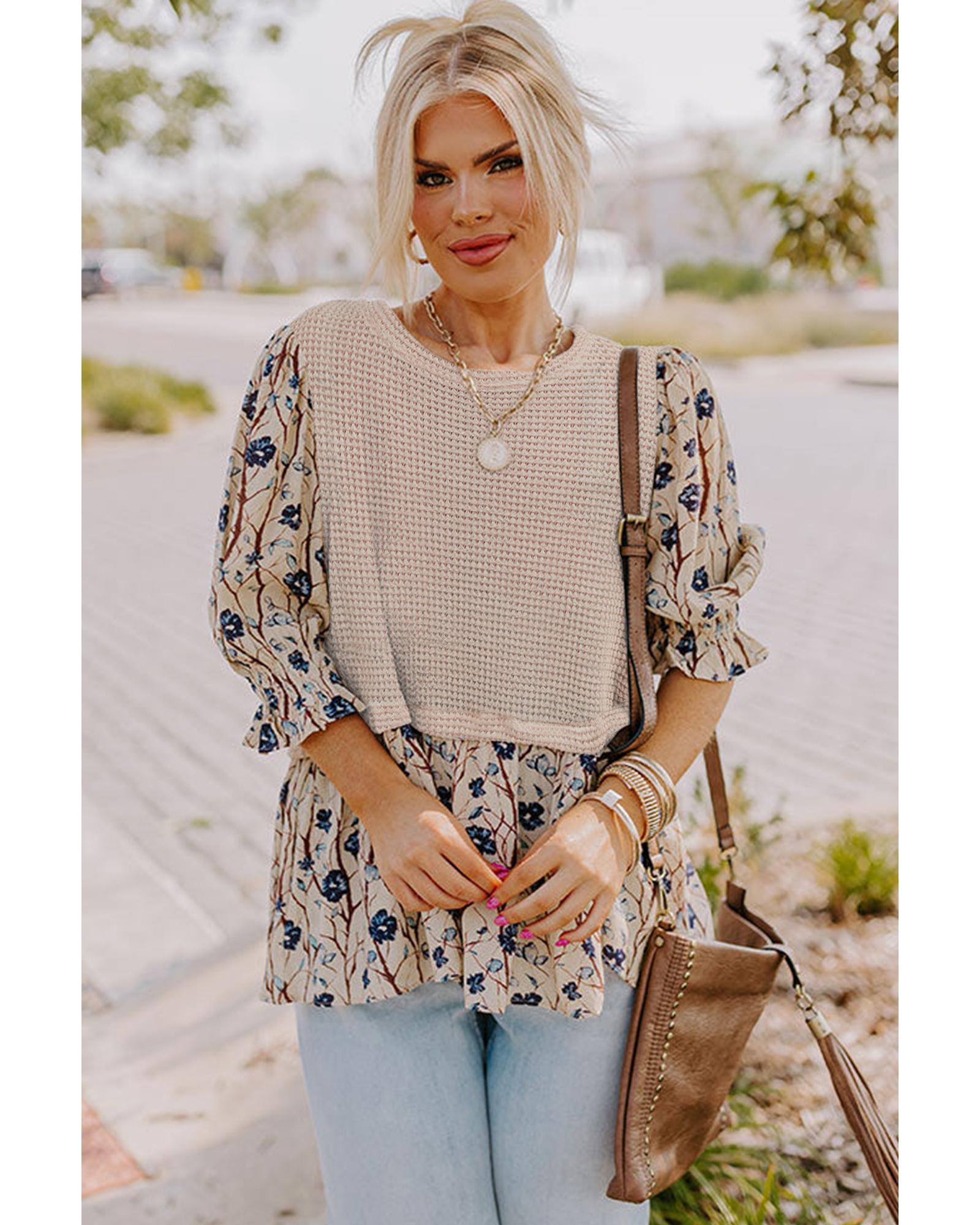 V539-AZEXPL2512547-P1520-2X-202508311150-00 Beige Faux Two Piece Knit Patchwork Floral Print Plus Size Top - 2X - Image 1