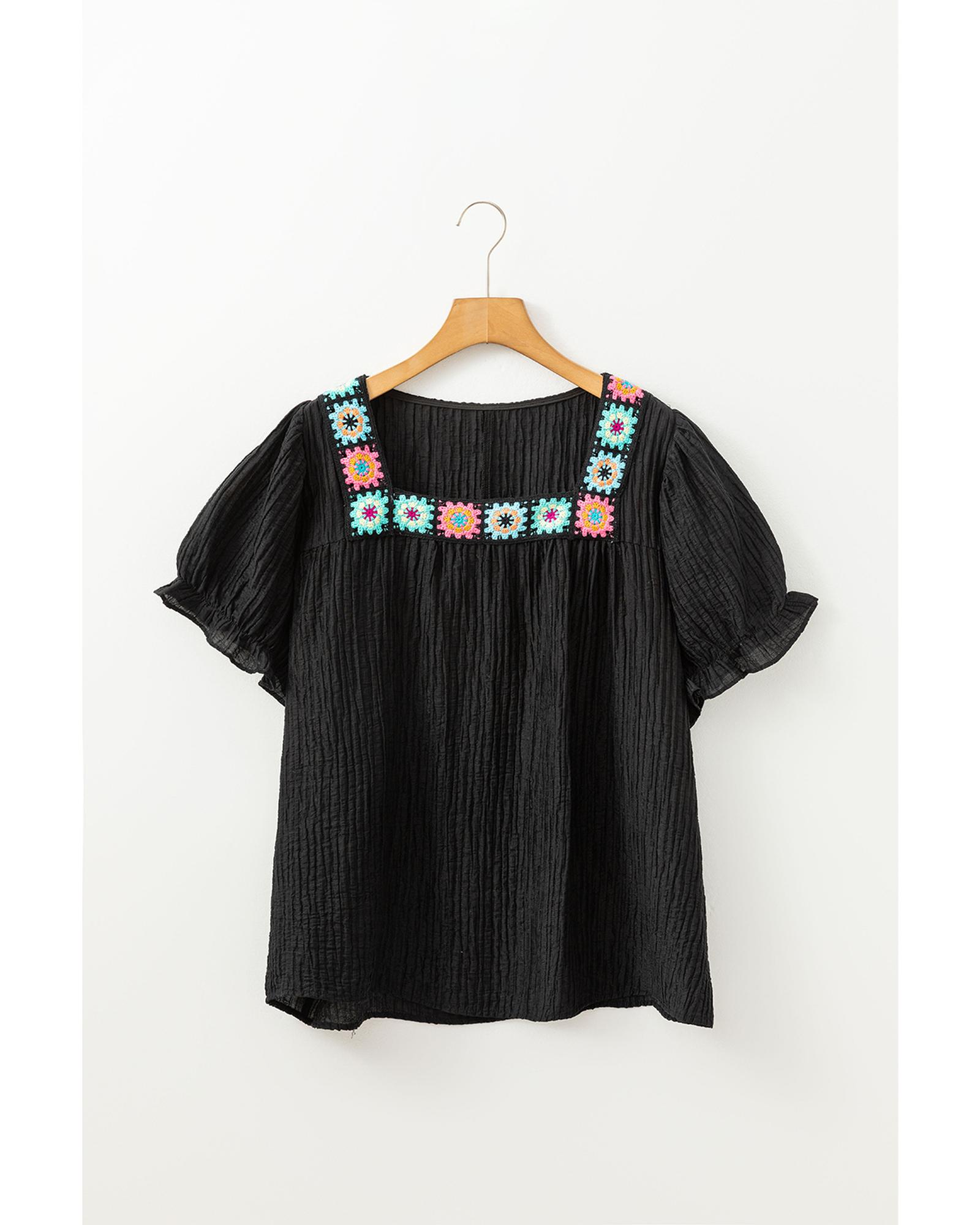 V539-AZEXPL2512625-P2-1X-202506182210-00 Black Floral Crochet Square Neck Ruffled Short Sleeve Flowy Plus Size Top - 1X - Image 1