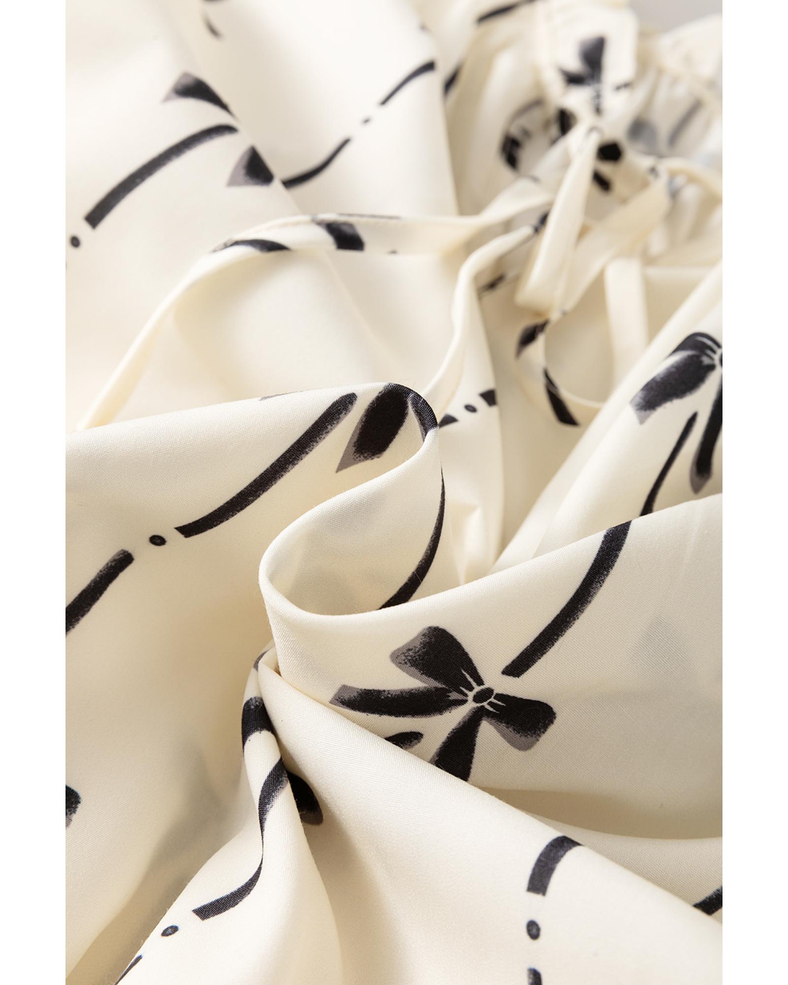 V539-AZEXPL2512762-P1820-1X-202506181920-00 Apricot Bow Printed Ruffled Bubble Sleeve Lace-up Notched Neck Plus Size Blouse - 1X - Image 1