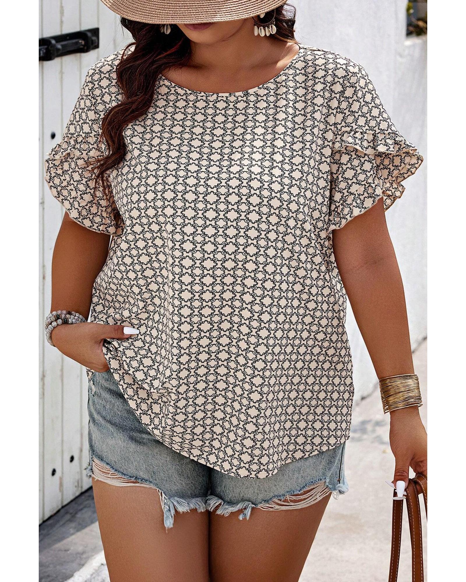 V539-AZEXPL2512795-P1620-1X-202506181926-00 Khaki Plus Size Geometric Print Ruffled Sleeve Blouse - 1X - Image 1