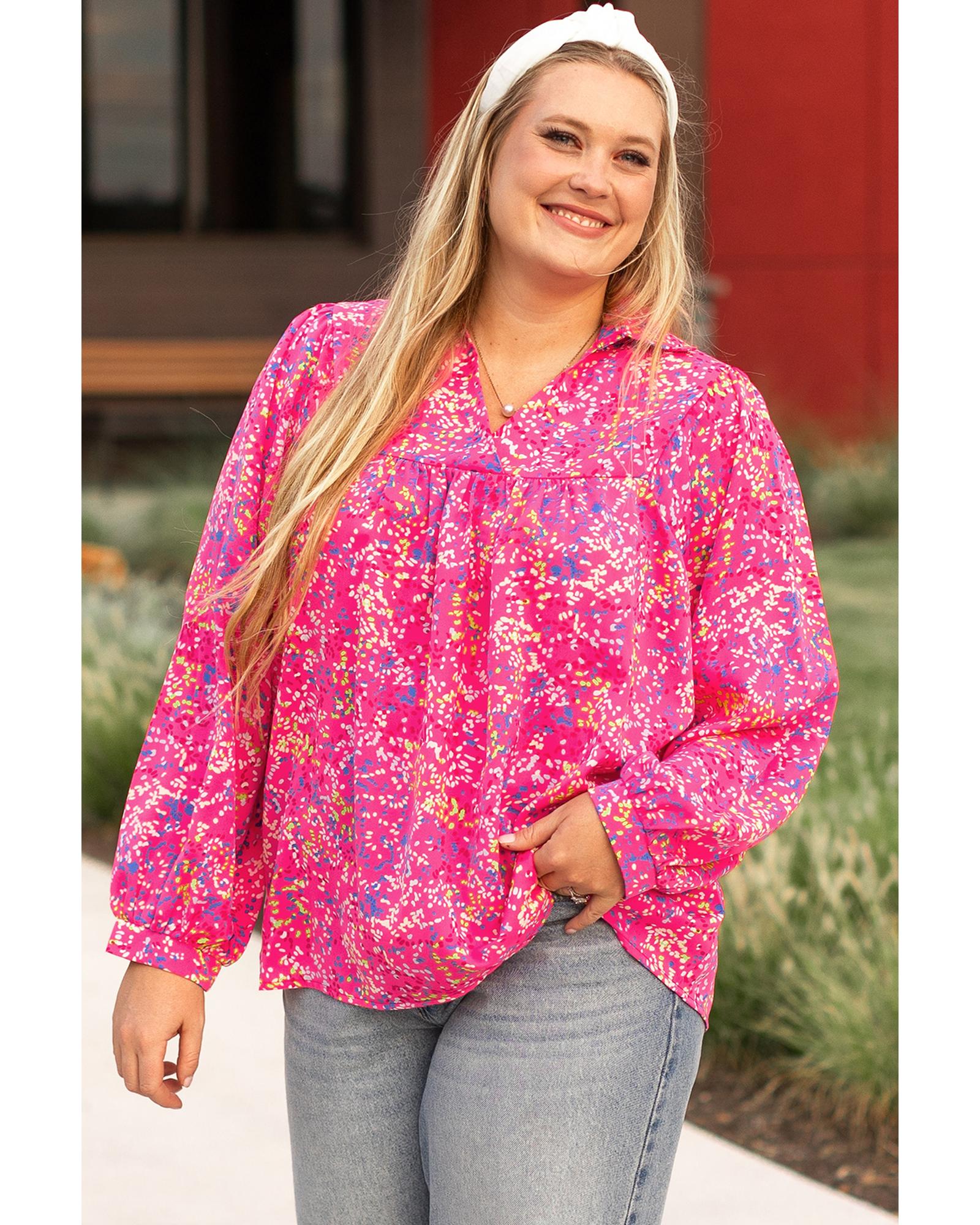 V539-AZEXPL25128282-P820-1X-202506181935-00 Purple Plus Size Floral Print Puff Sleeve V Neck Blouse - 1X - Image 1