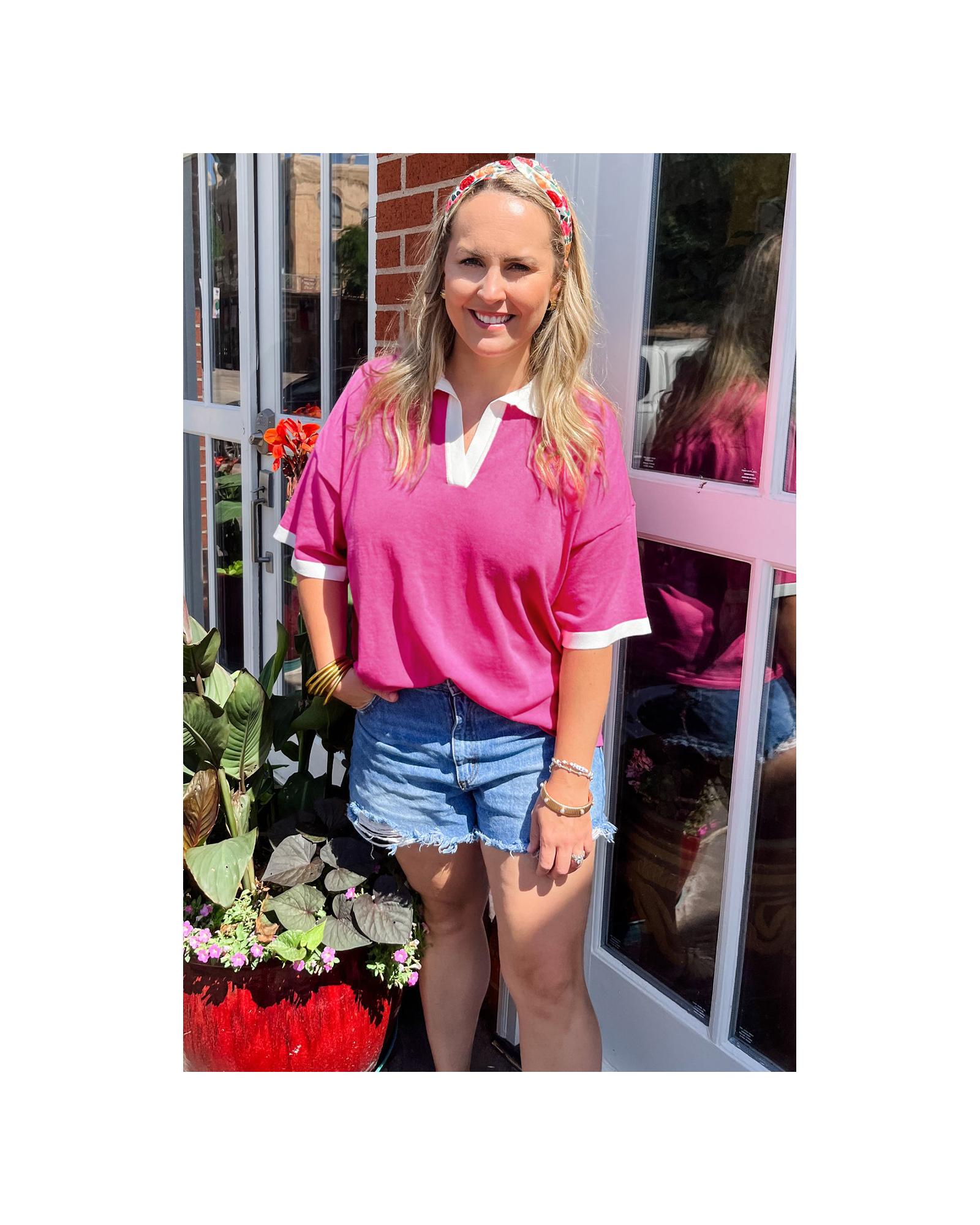 V539-AZEXPL2513101-P10-4X-202508310415-00 Pink Contrast Trim Collared Split Neck Short Sleeve Plus Size Top - 4X - Image 1