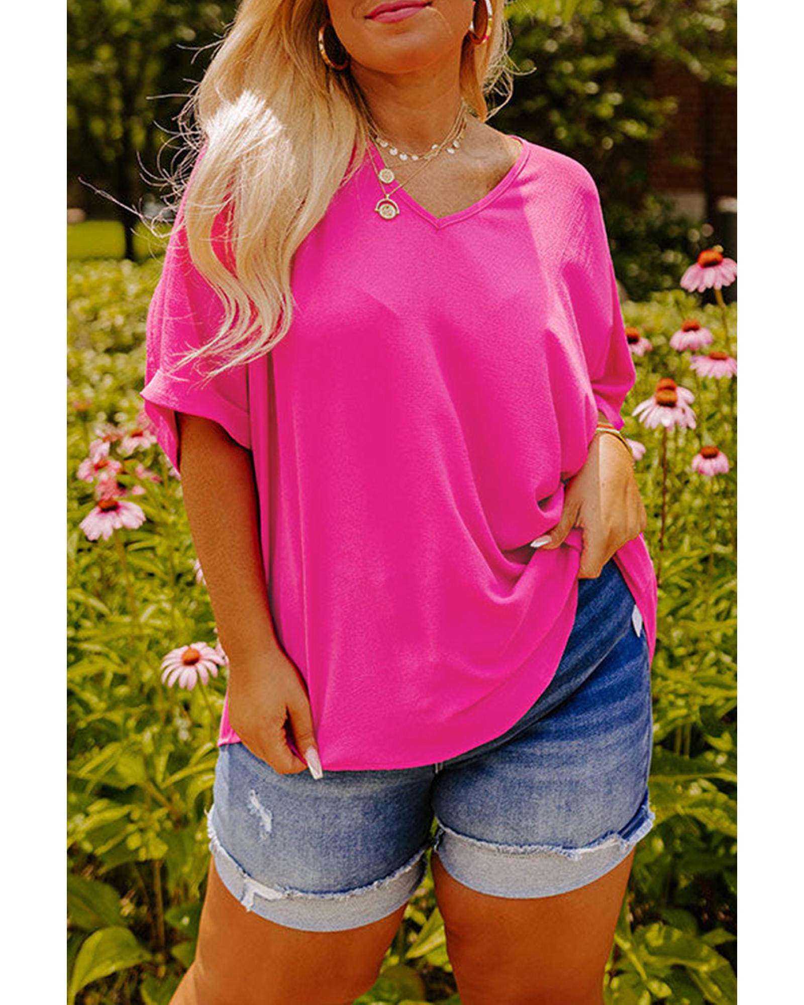 V539-AZEXPL2513323-P106-1X-202506190005-00 Bright Pink Seamed Back High Low Hem V Neck Cuffed Sleeve Plus Size Tee - 1X - Image 1