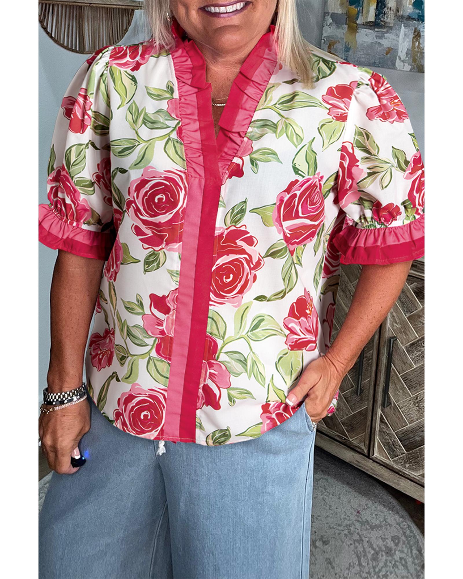 V539-AZEXPL2513857-P620-4X-202508311135-00 Rose Plus Size Floral Print Frilled Stripes Detail Short Sleeve Blouse - 4X - Image 1