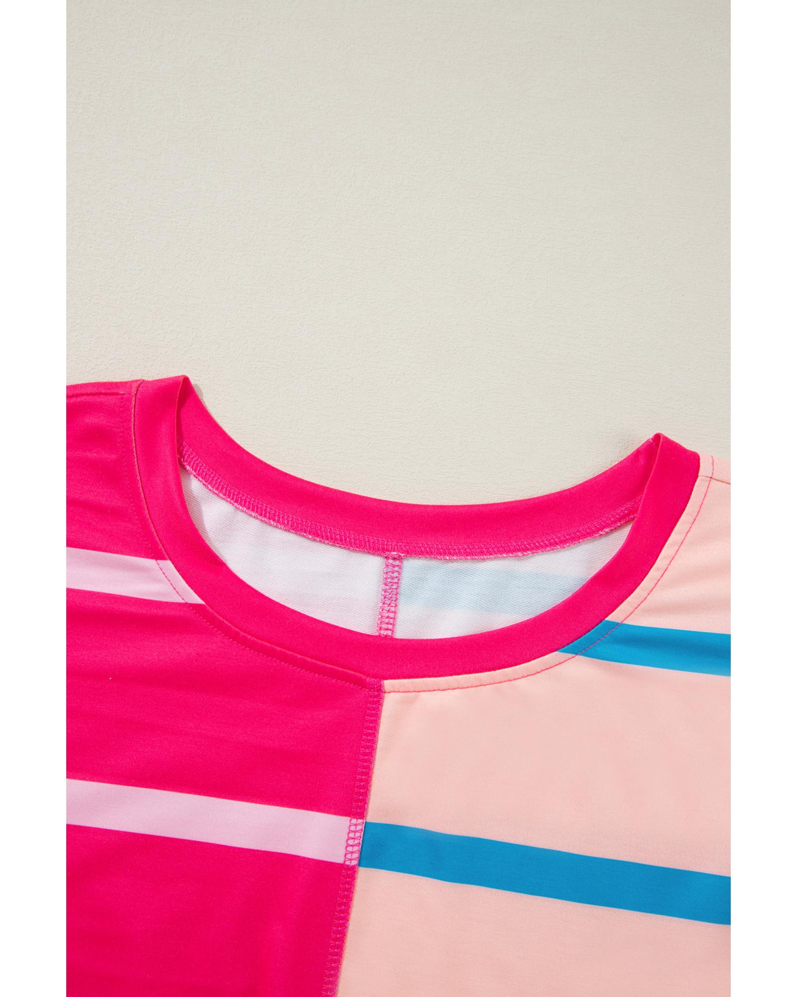 V539-AZEXPL2521027-P619-2X-202508310700-00 Rose Stripe Color Block Crewneck Long Sleeve Plus Size T Shirt - 2X - Image 1