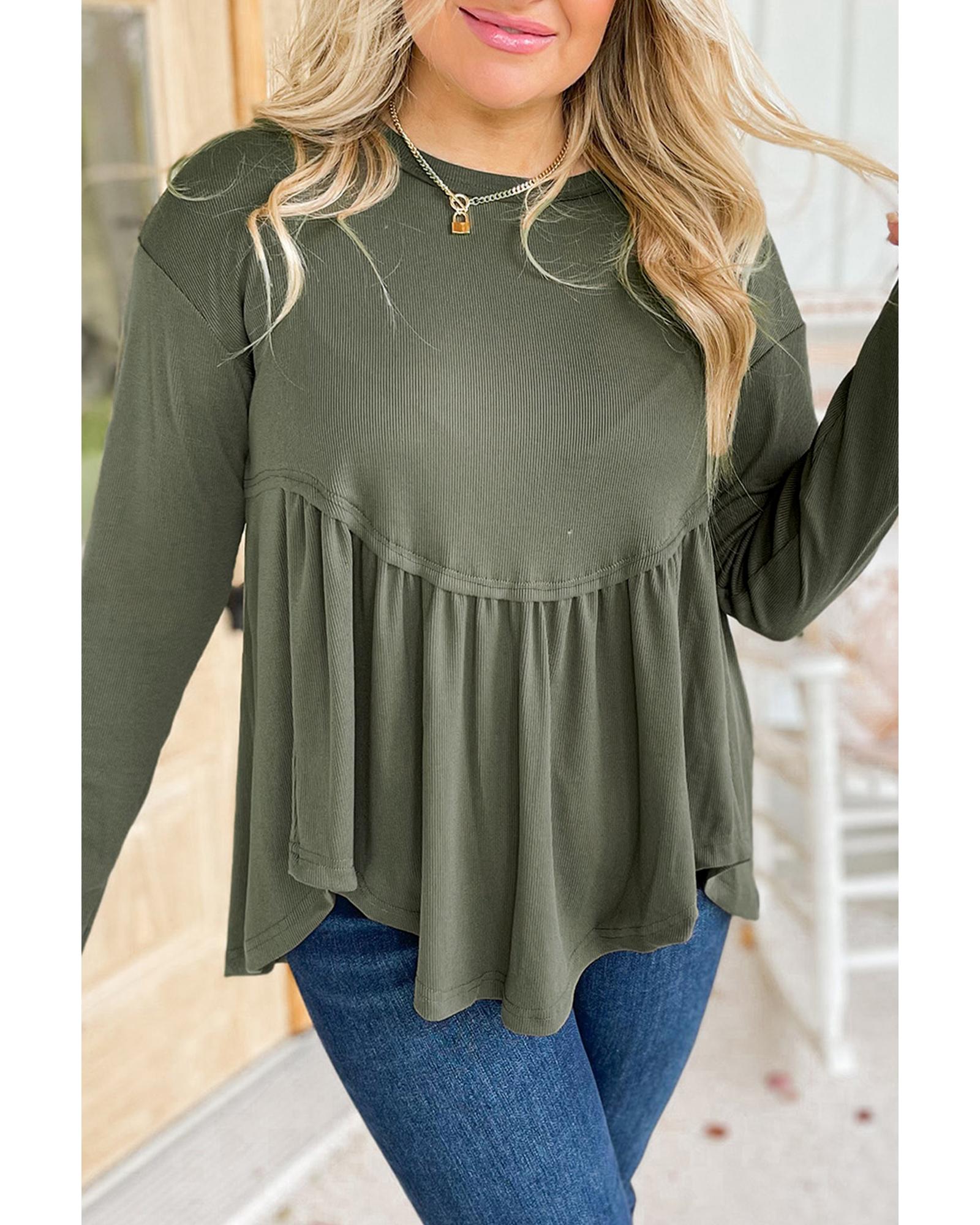 V539-AZEXPL2521119-P509-2X-202508310915-00 Mist Green Plus Size Thermal Knitted Babydoll Flare Top - 2X - Image 1