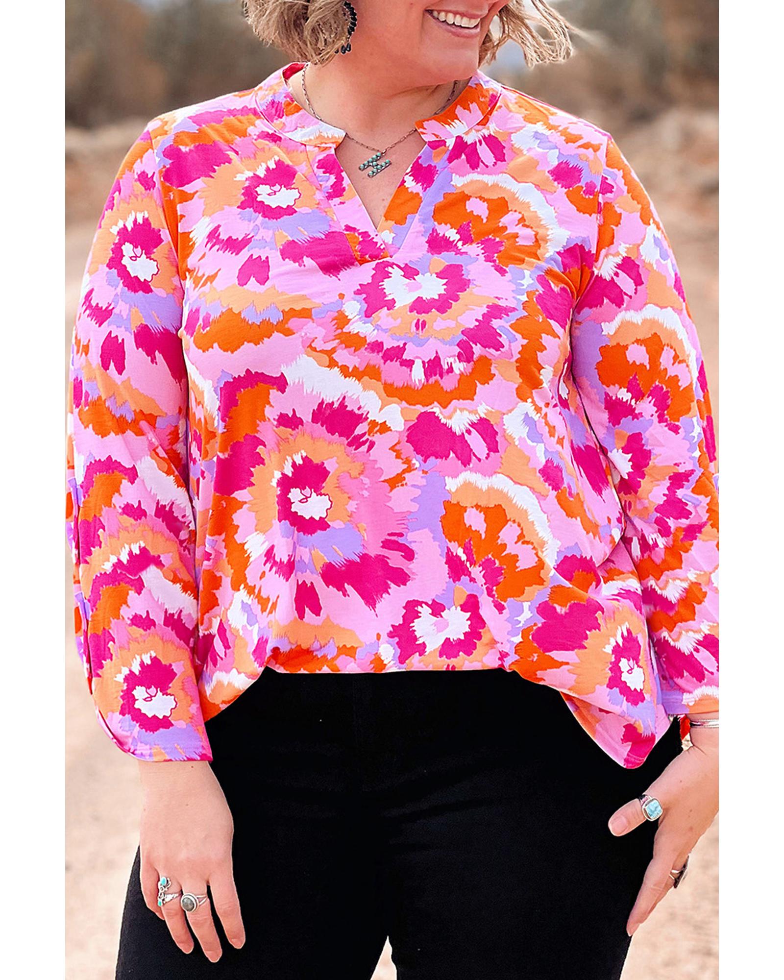 V539-AZEXPL2521152-P1020-4X-202508311405-00 Pink Plus Size Abstract Floral Print V Neck Blouse - 4X - Image 1