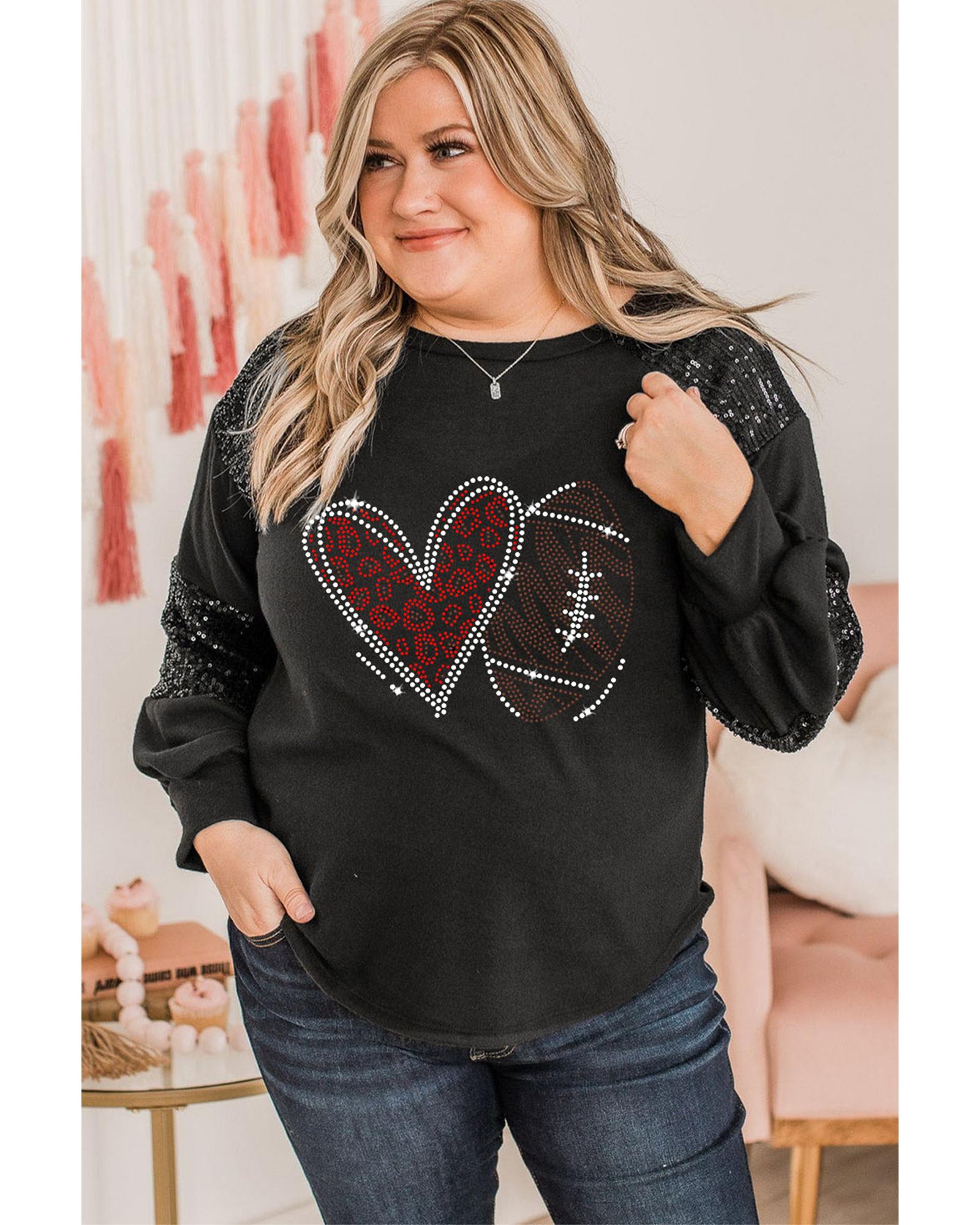 V539-AZEXPL2521225-2-3X-202508311550-00 Black Rhinestone Heart Rugby Football Pattern Sequin Patched Sleeve Plus Size Top - 3X - Image 1