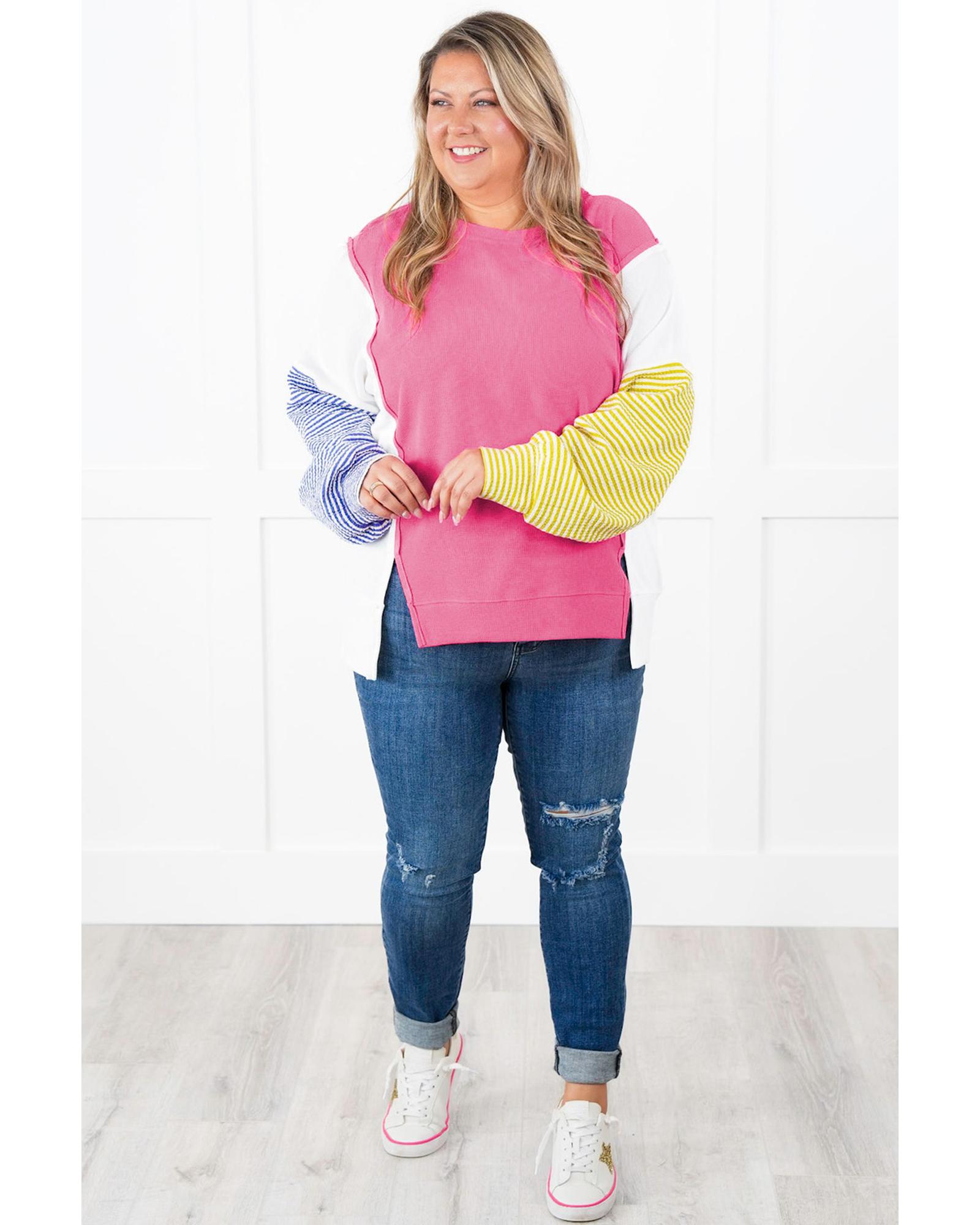 V539-AZEXPL2521301-P6-4X-202508311520-00 Rose Red Colorblock Patchwork Striped Puff Sleeve Plus Size Top with Slits - 4X - Image 1