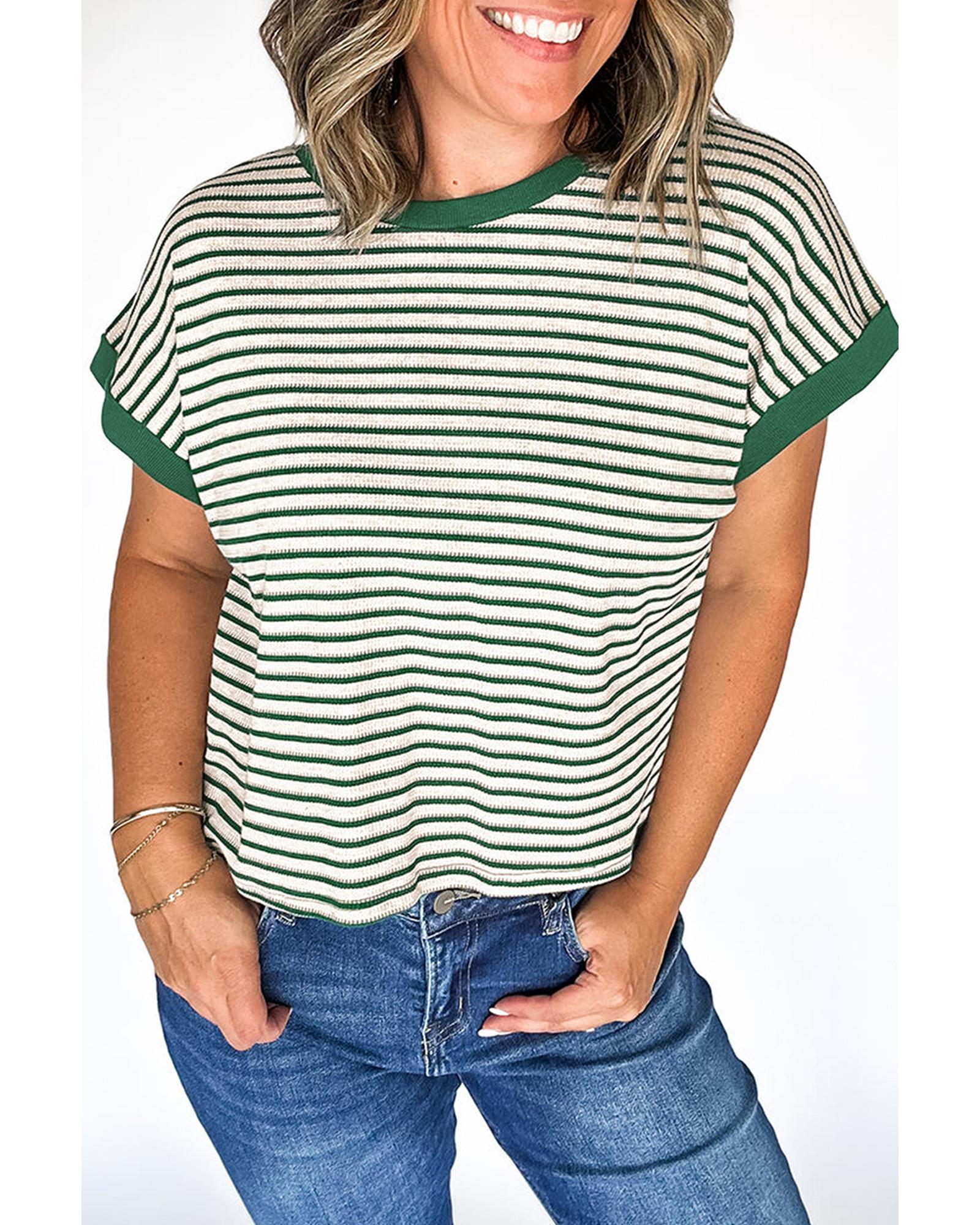 V539-AZEXPL2521464-P919-1X-202506182246-00 Green Stripe Trimmed Round Neck Plus Size Boxy Fit T-shirt - 1X - Image 1