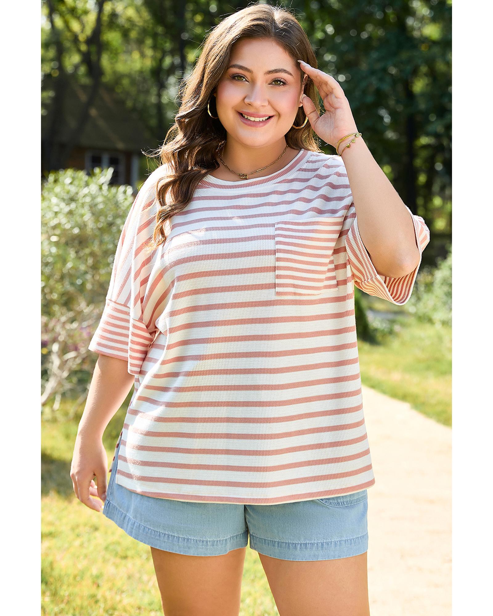 V539-AZEXPL2521488-P1019-3X-202508311245-00 Pink Stripe Waffle Knit Pocketed Half Sleeve Plus Size T Shirt - 3X - Image 1