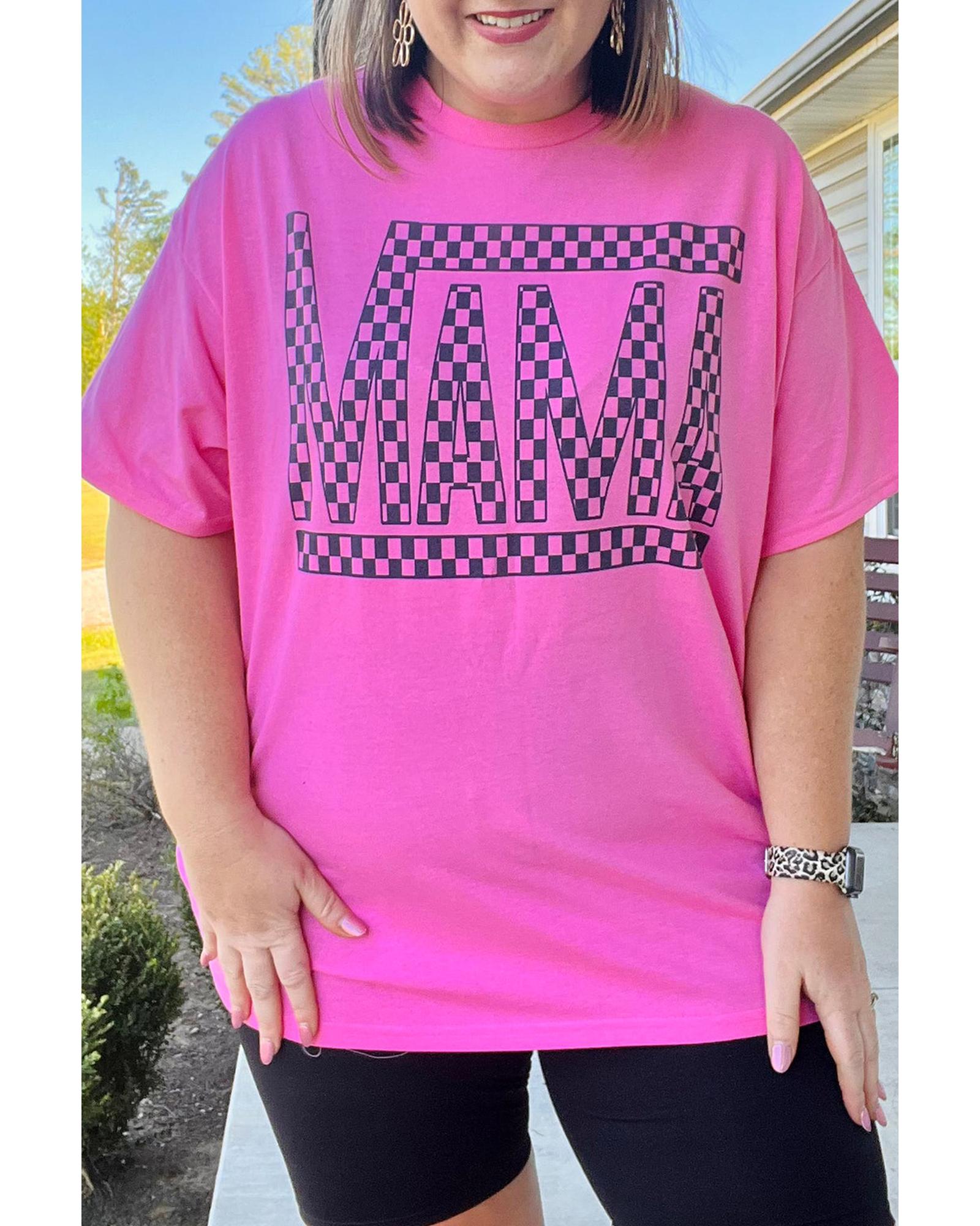 V539-AZEXPL2521577-P106-2X-202508310920-00 Bright Pink Checker MAMA Letter Printed Graphic Plus Size T Shirt - 2X - Image 1
