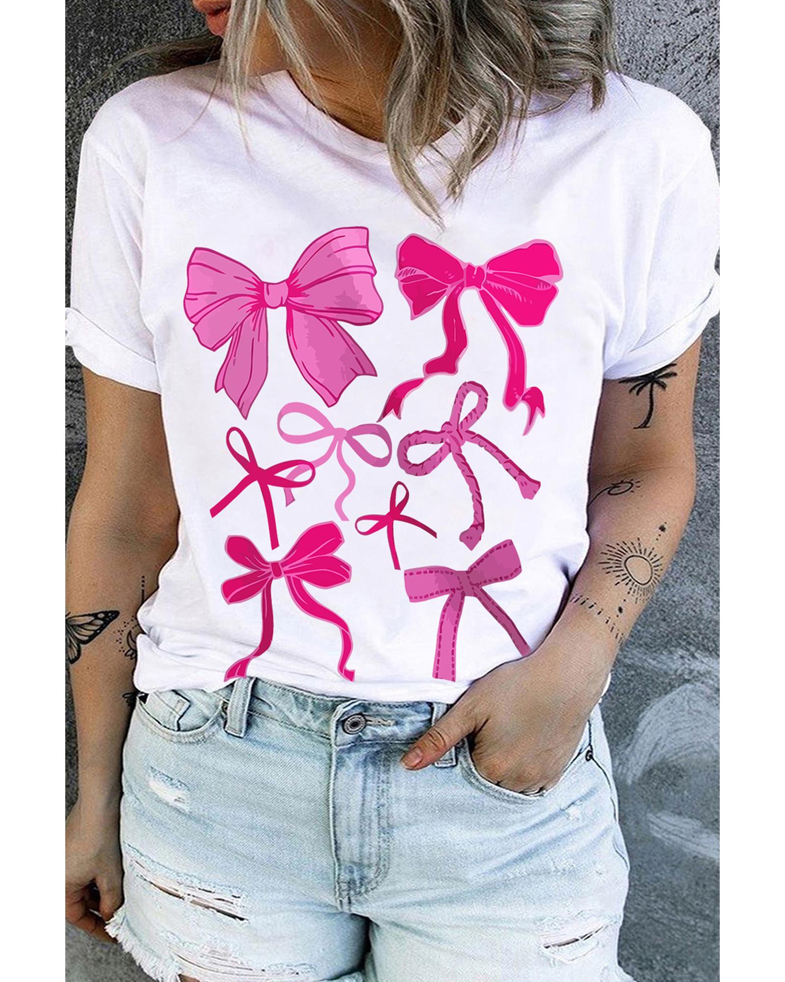 V539-AZEXPL2521671-P1-2X-202508311200-00 White Diverse Bowknot Printed Crew Neck Plus Size Tee - 2X - Image 1