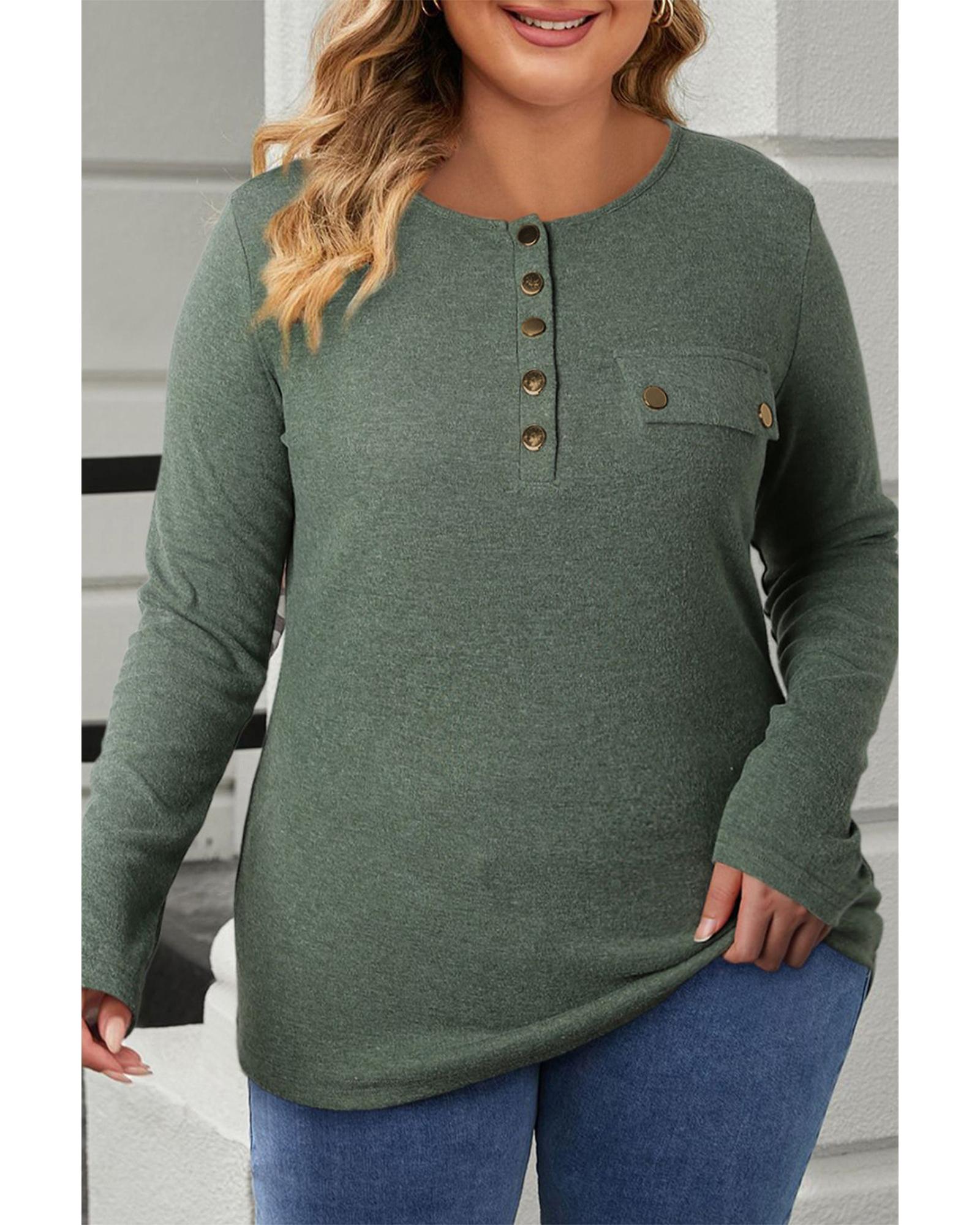 V539-AZEXPL25222750-P509-2X-202506182316-00 Mist Green Plus Size Snap Button Henley Top - 2X - Image 1