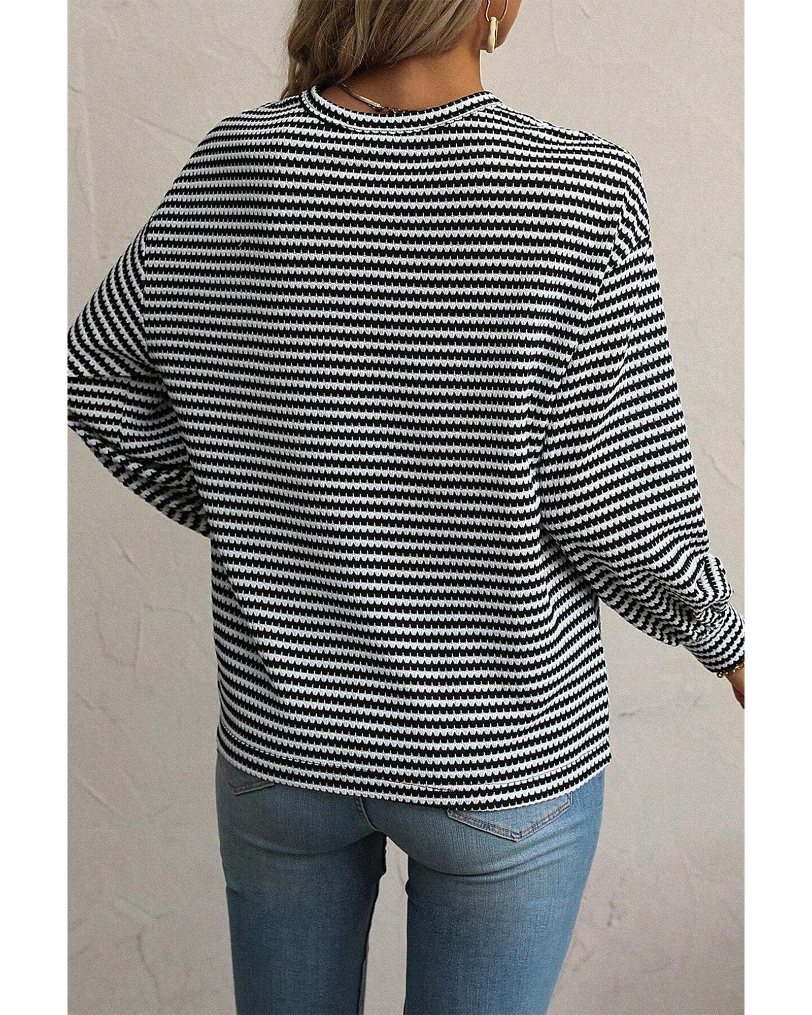 V539-AZEXPL25225962-P219-4X-202508311000-00 Black Stripe Drop Shoulder Puff Long Sleeve O Neck Plus Size T Shirt - 4X - Image 1