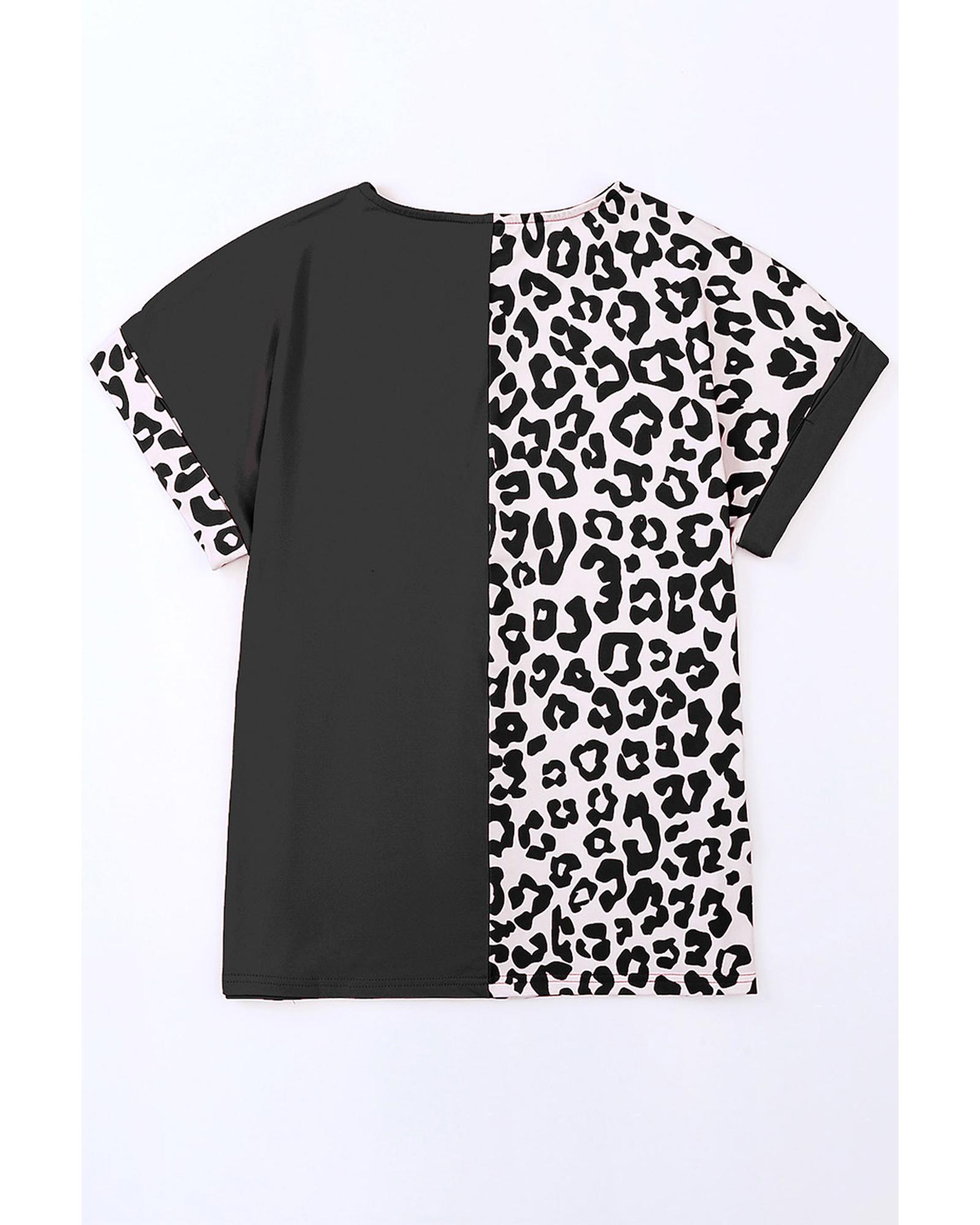 V539-AZEXPL252319-2-3X-202508310510-00 Black Half Leopard Patchwork Plus Size T-shirt - 3X - Image 1