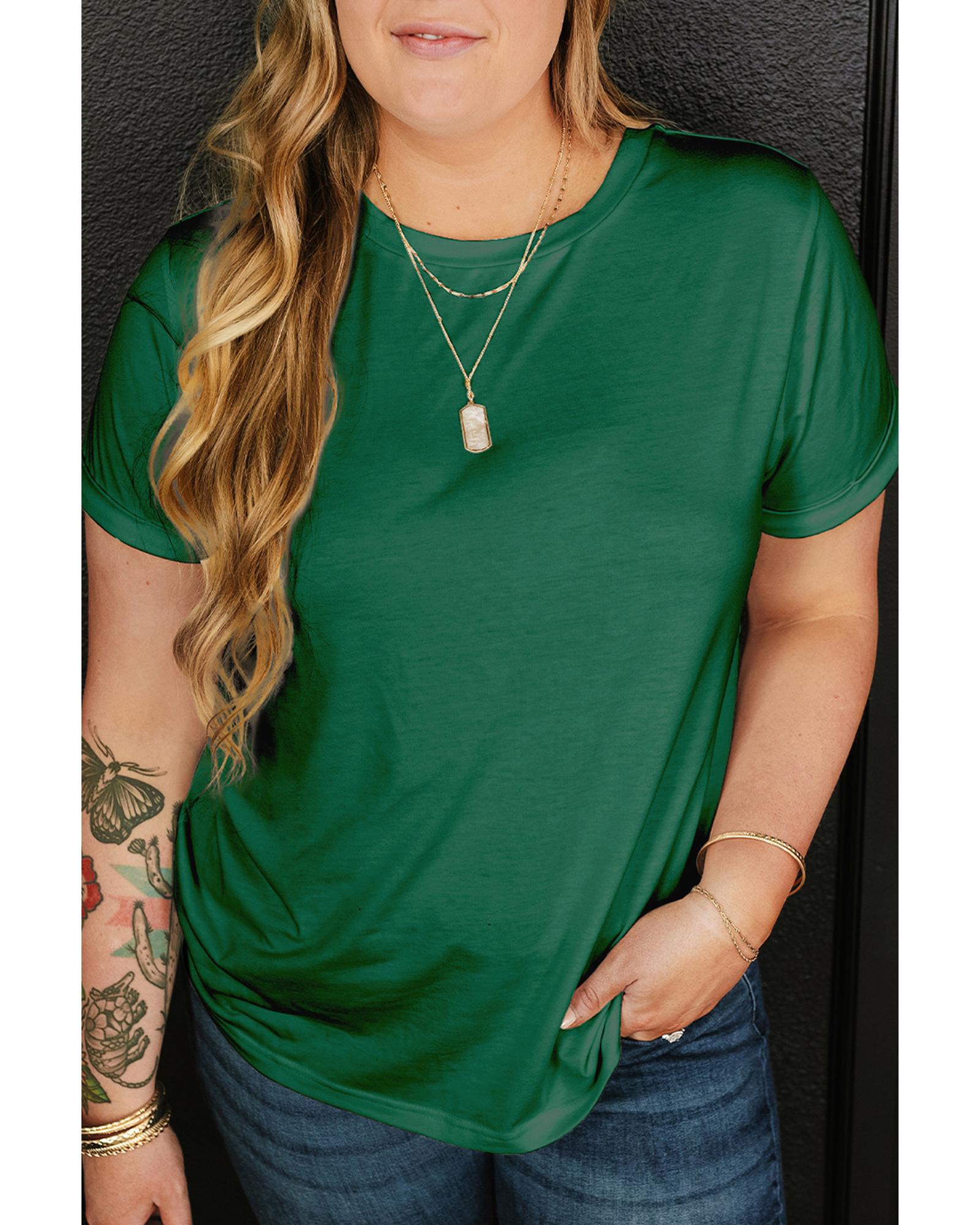 V539-AZEXPL2526272-P209-1X-202506182342-00 Dark Green Round Neck Rolled Sleeve Plus Size T-shirt - 1X - Image 1
